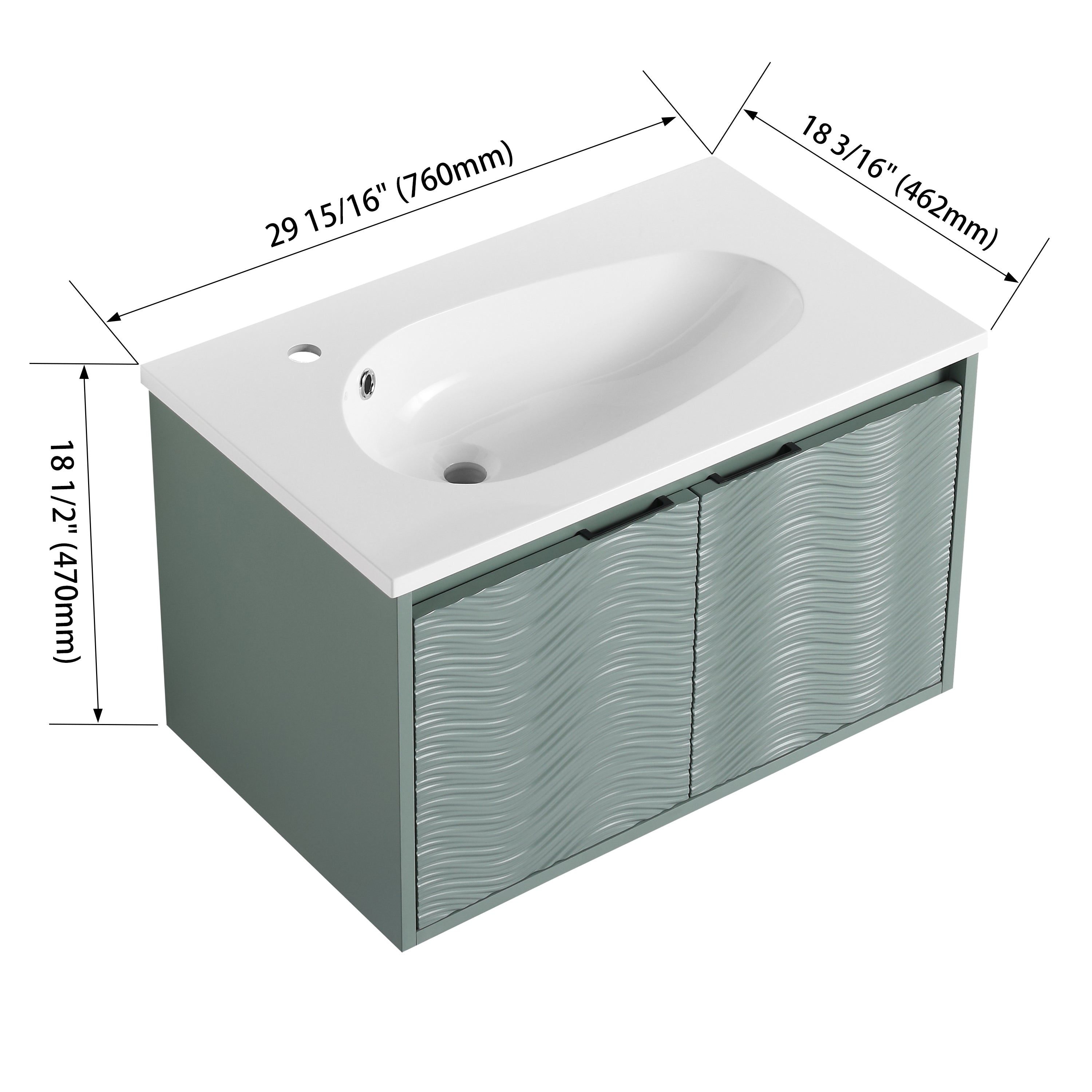 30 inch Plywood Wall Mounted Bathroom Vanity  in Green with Integrated Resin Sink with Drain