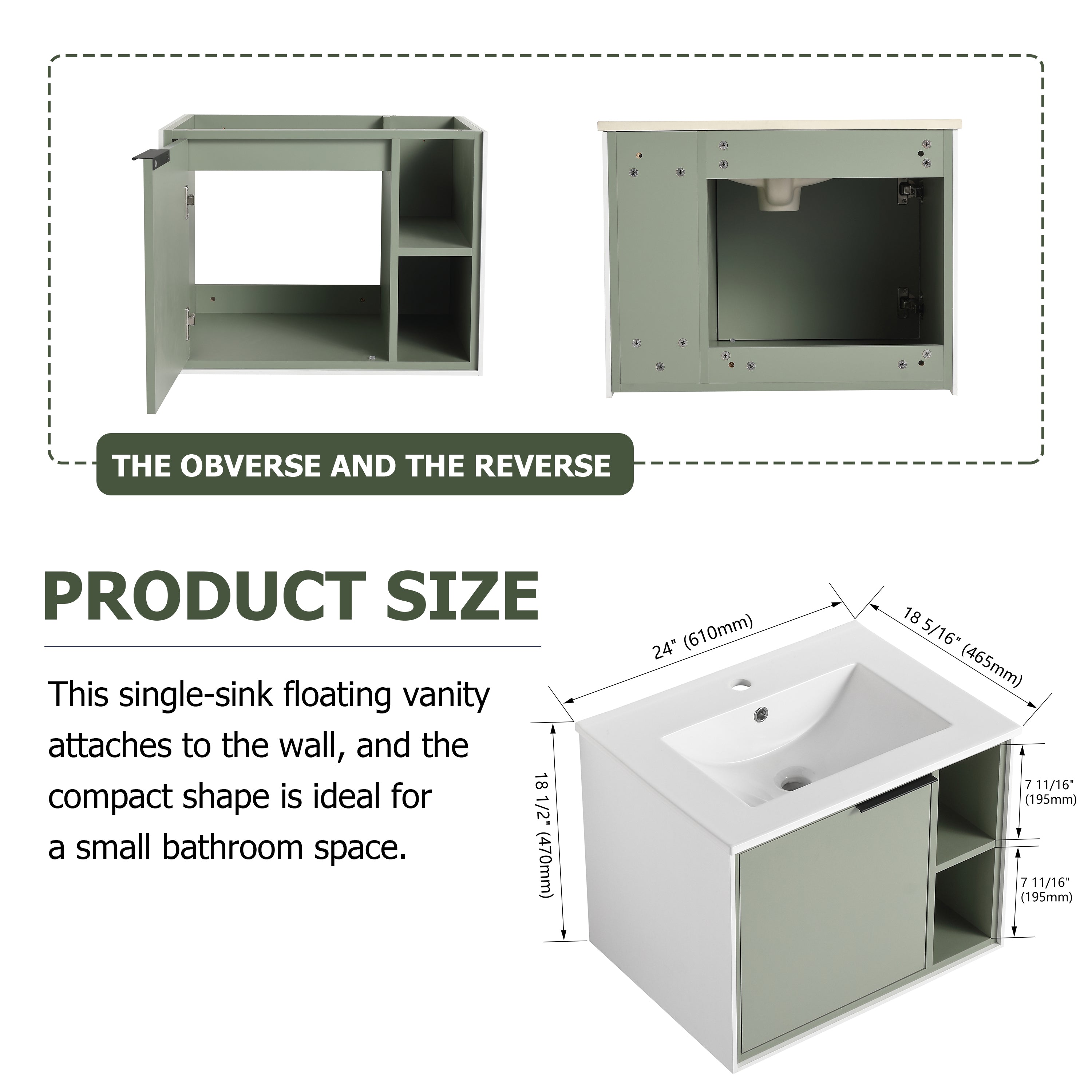 24/30 inch Plywood Wall Mounted Bathroom Vanity in Green/Imitative Oak with Integrated Ceramic Sink with Drain