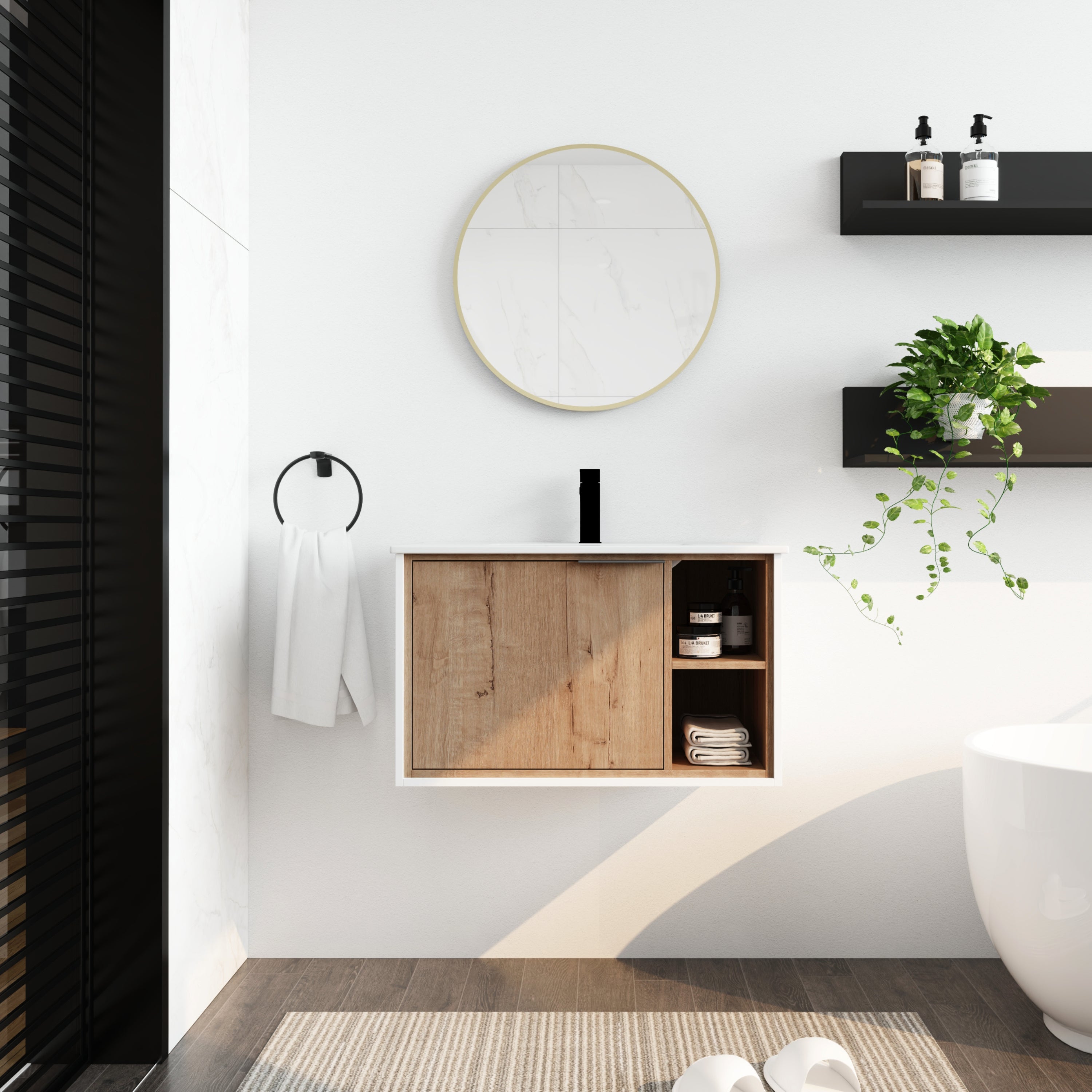 24/30 inch Plywood Wall Mounted Bathroom Vanity in Green/Imitative Oak with Integrated Ceramic Sink with Drain