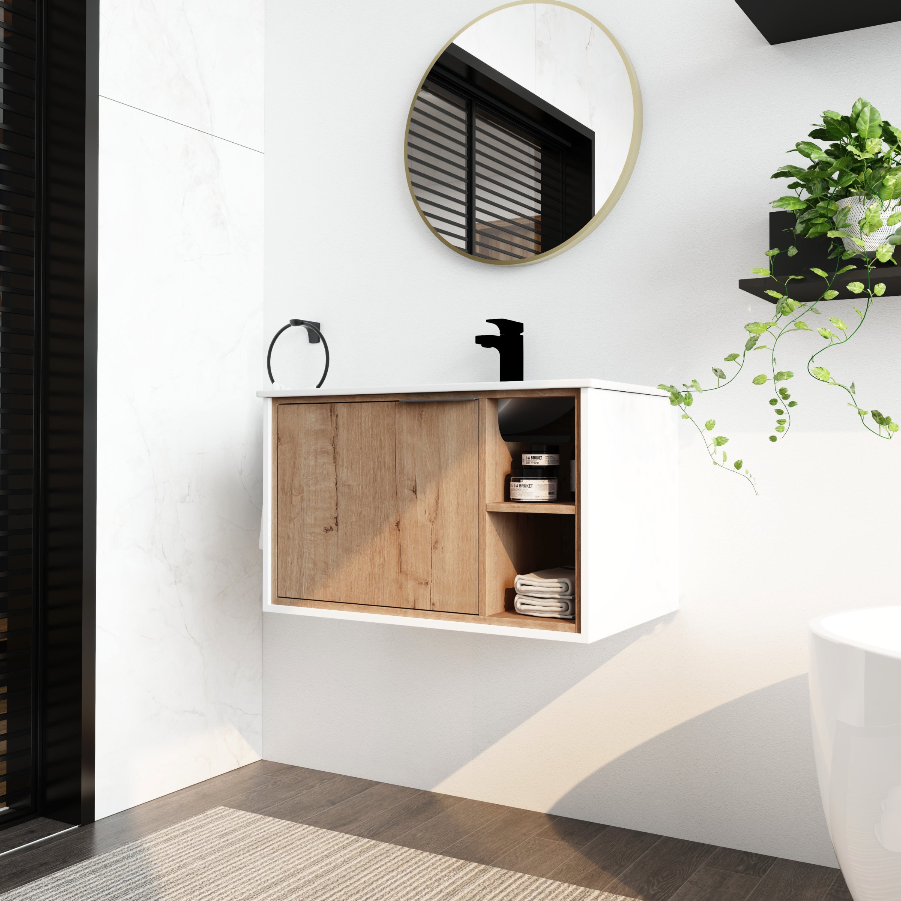 24/30 inch Plywood Wall Mounted Bathroom Vanity in Green/Imitative Oak with Integrated Ceramic Sink with Drain