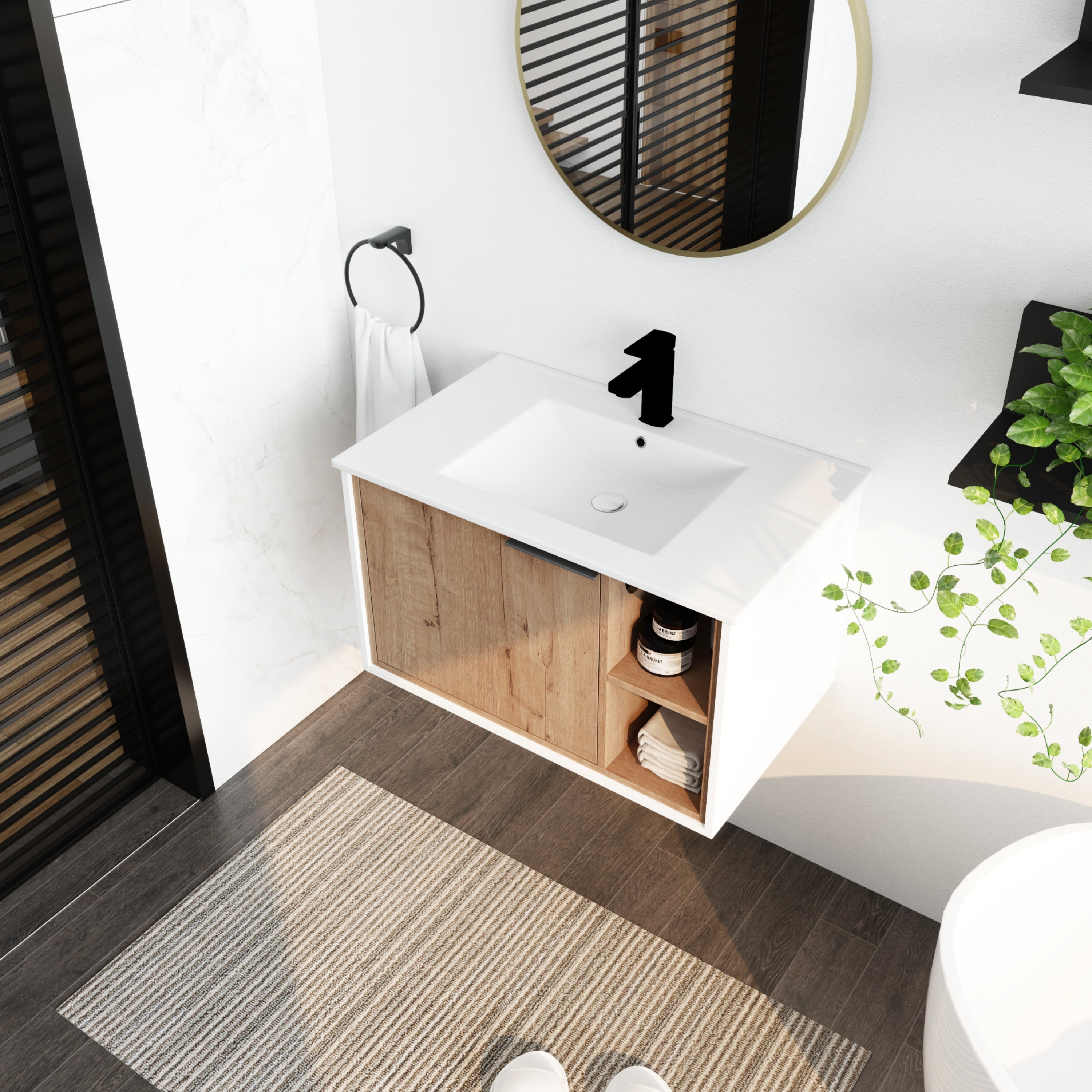 24/30 inch Plywood Wall Mounted Bathroom Vanity in Green/Imitative Oak with Integrated Ceramic Sink with Drain
