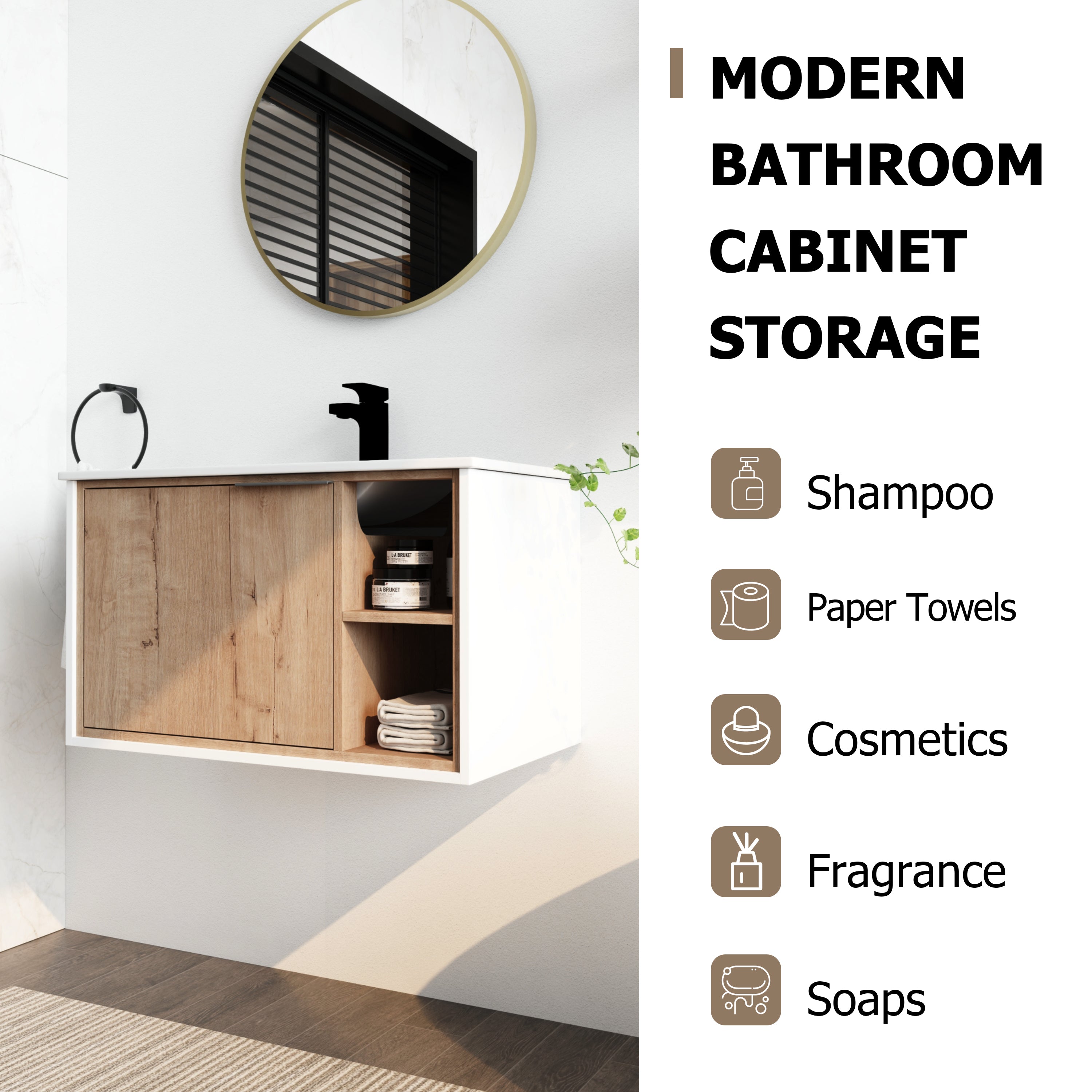 24/30 inch Plywood Wall Mounted Bathroom Vanity in Green/Imitative Oak with Integrated Ceramic Sink with Drain