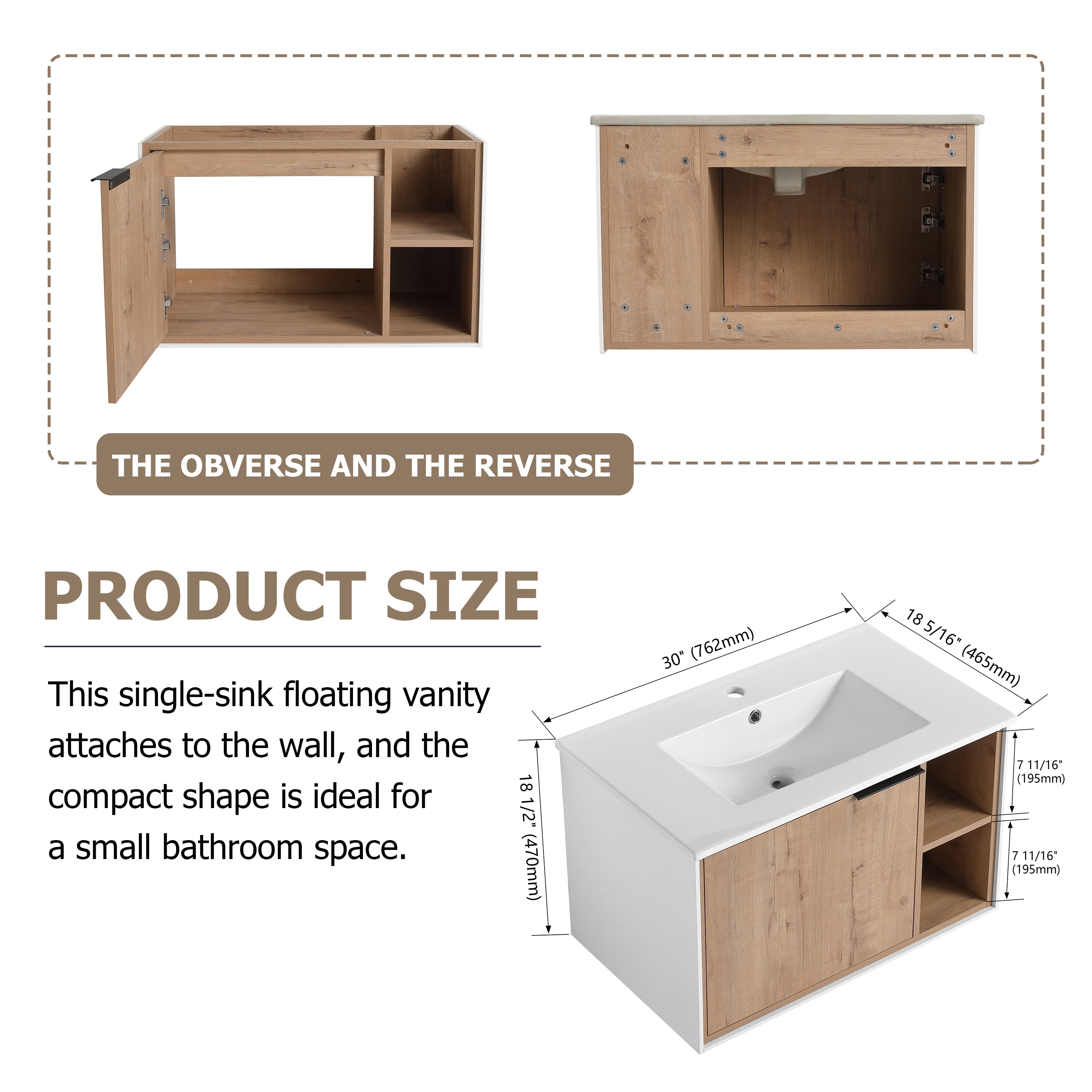 24/30 inch Plywood Wall Mounted Bathroom Vanity in Green/Imitative Oak with Integrated Ceramic Sink with Drain