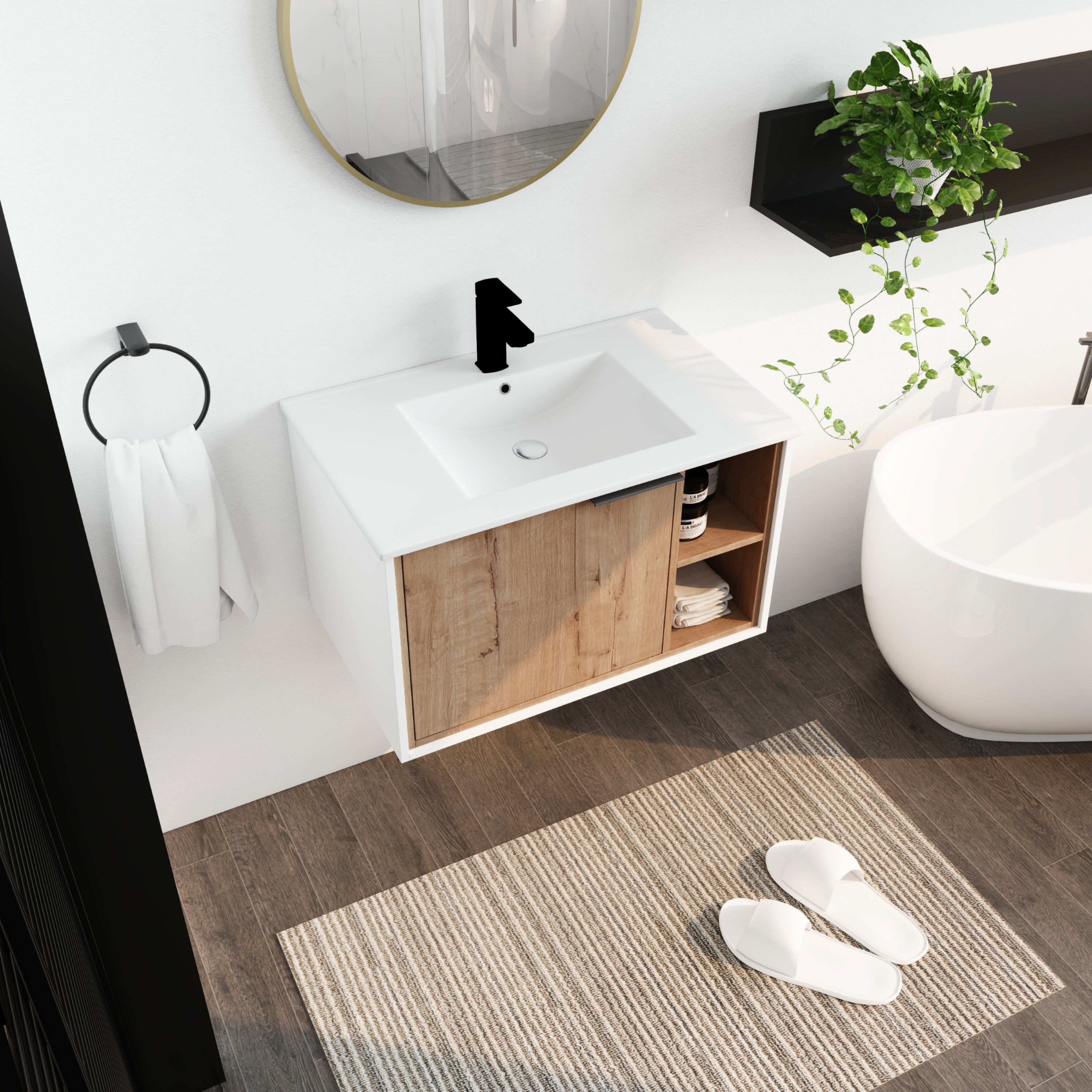 24/30 inch Plywood Wall Mounted Bathroom Vanity in Green/Imitative Oak with Integrated Ceramic Sink with Drain