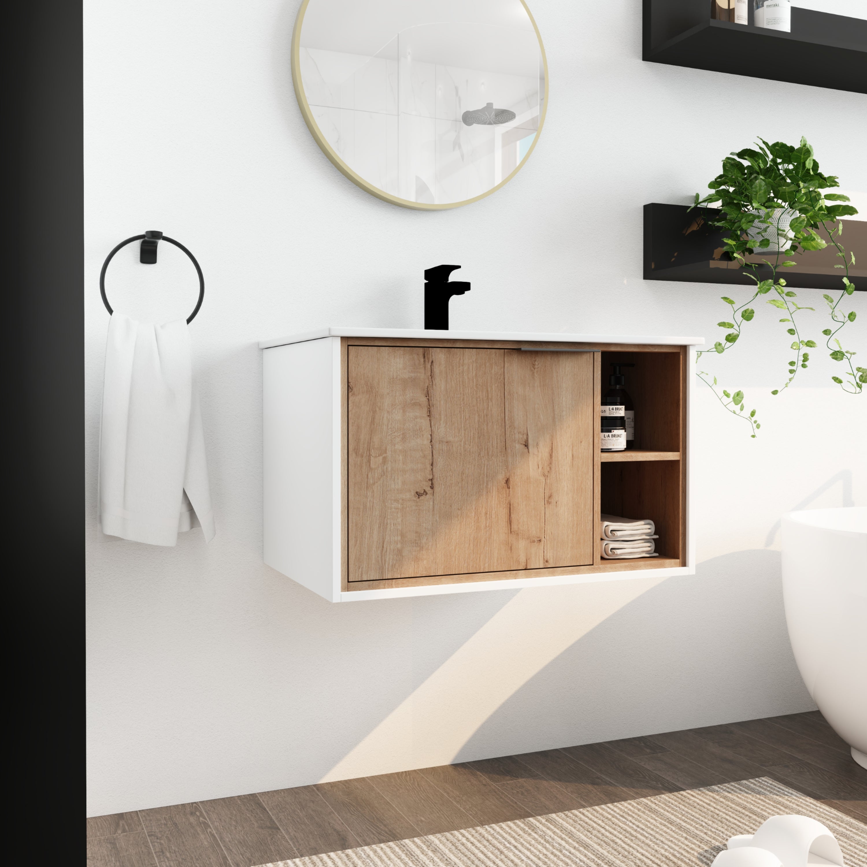 24/30 inch Plywood Wall Mounted Bathroom Vanity in Green/Imitative Oak with Integrated Ceramic Sink with Drain