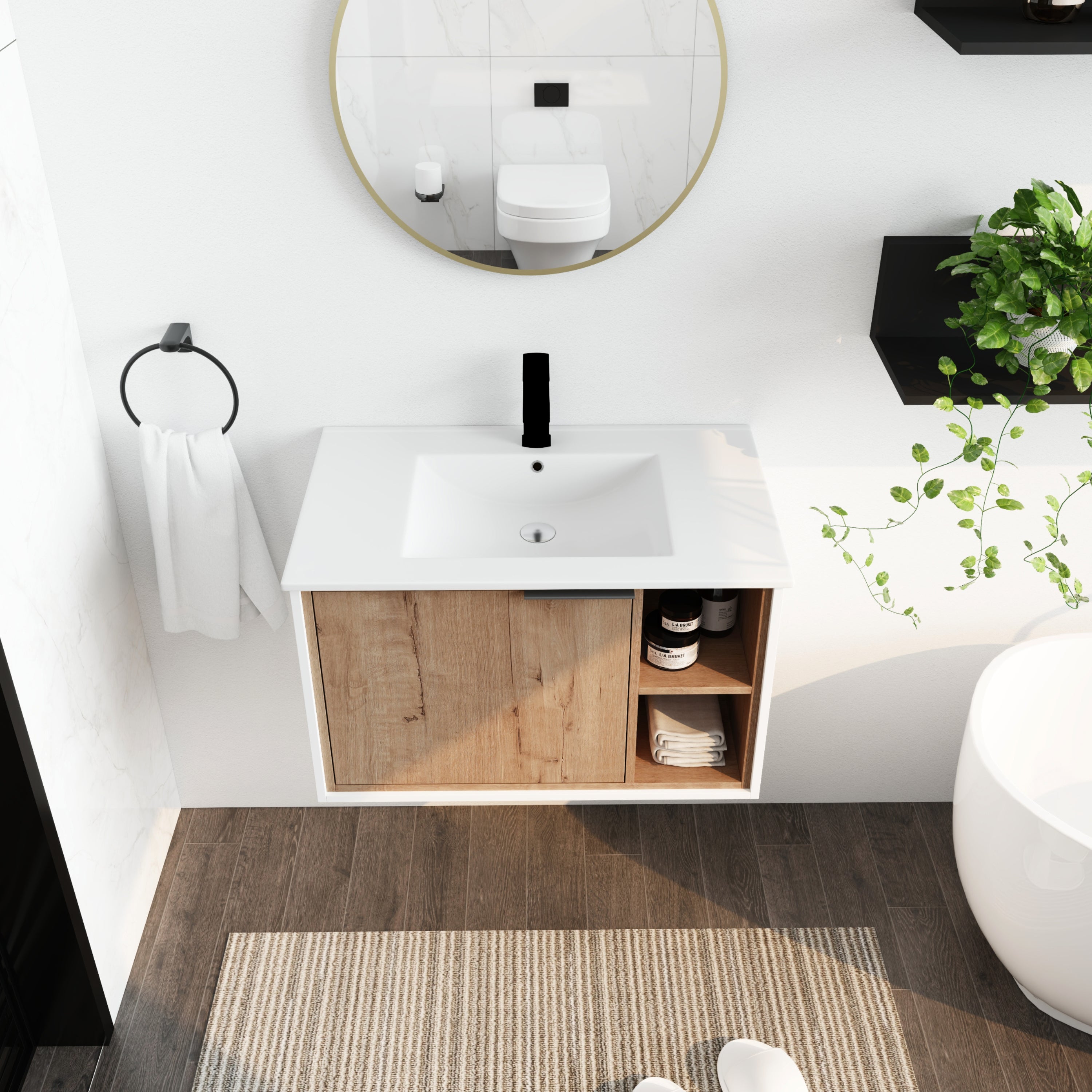 24/30 inch Plywood Wall Mounted Bathroom Vanity in Green/Imitative Oak with Integrated Ceramic Sink with Drain