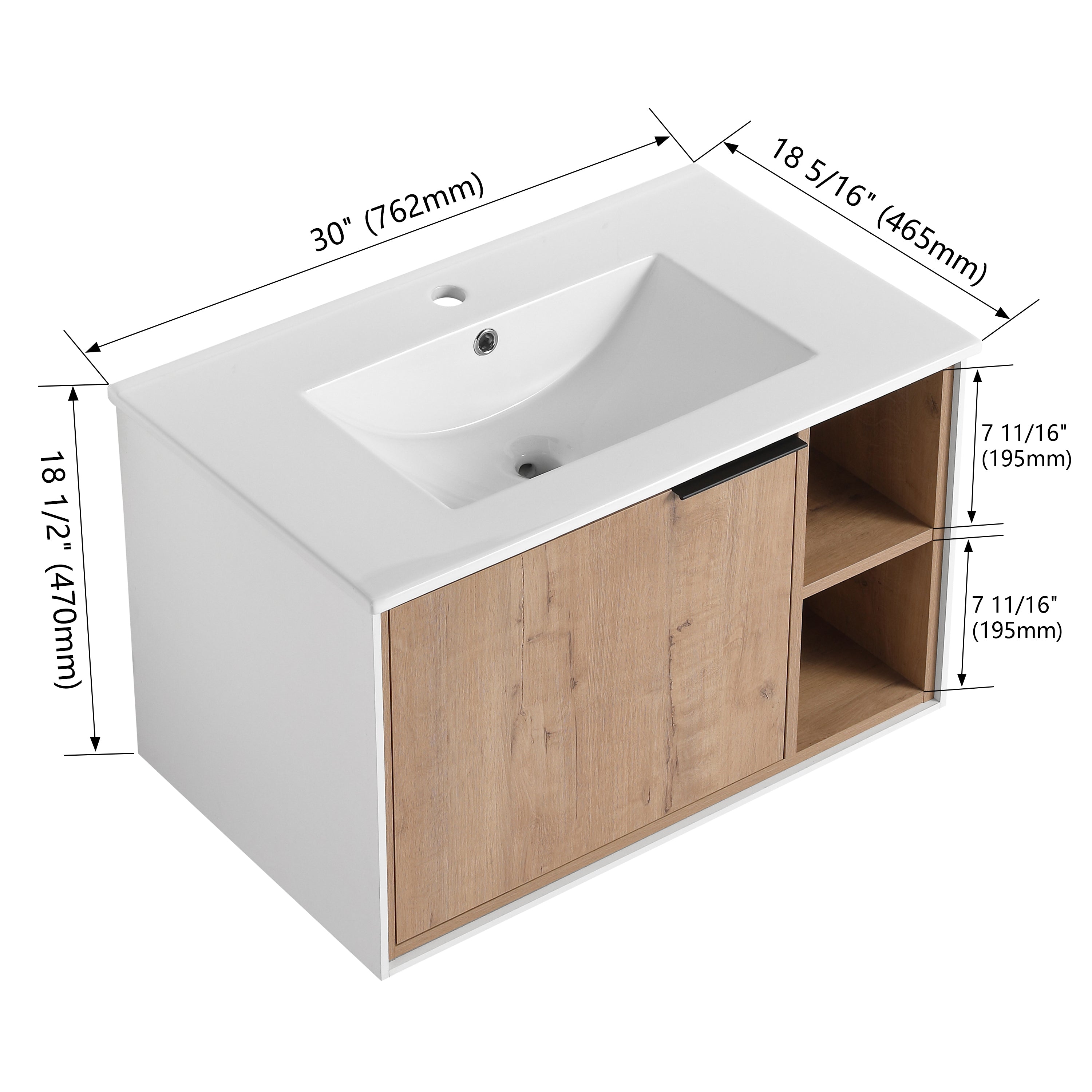 24/30 inch Plywood Wall Mounted Bathroom Vanity in Green/Imitative Oak with Integrated Ceramic Sink with Drain