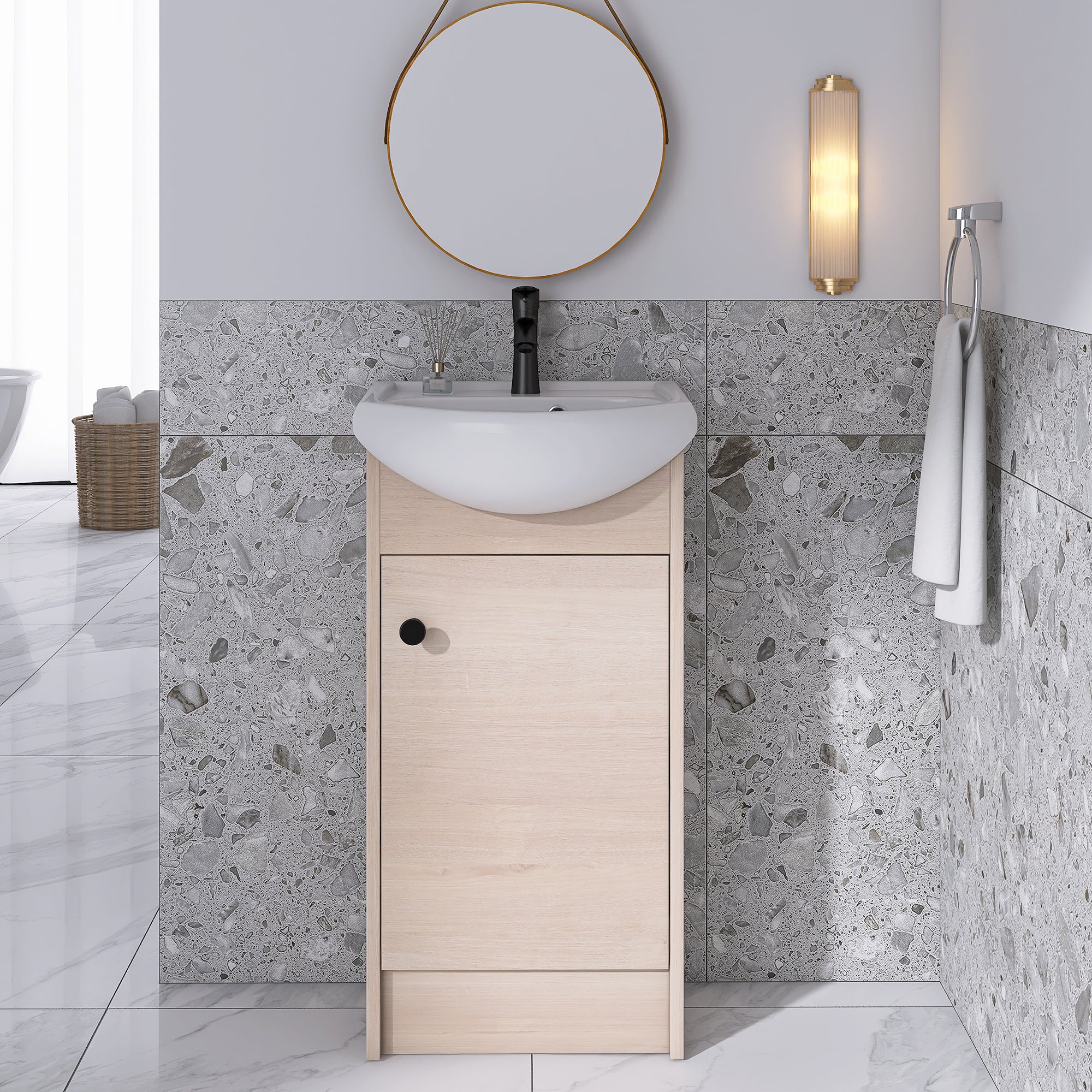 18 Inch Freestanding Bathroom Vanity in Plain Light Oak With Ceramic Sink