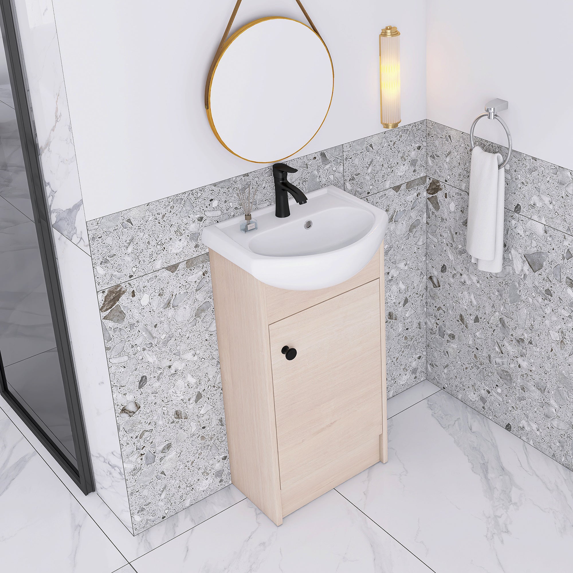 18 Inch Freestanding Bathroom Vanity in Plain Light Oak With Ceramic Sink