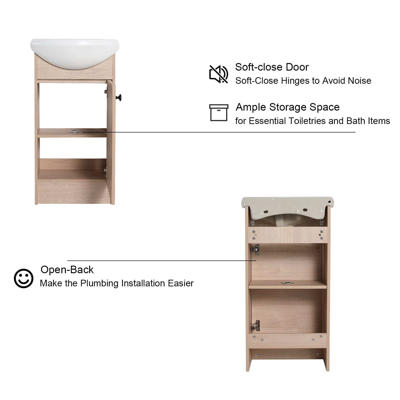 18 Inch Freestanding Bathroom Vanity in Plain Light Oak With Ceramic Sink