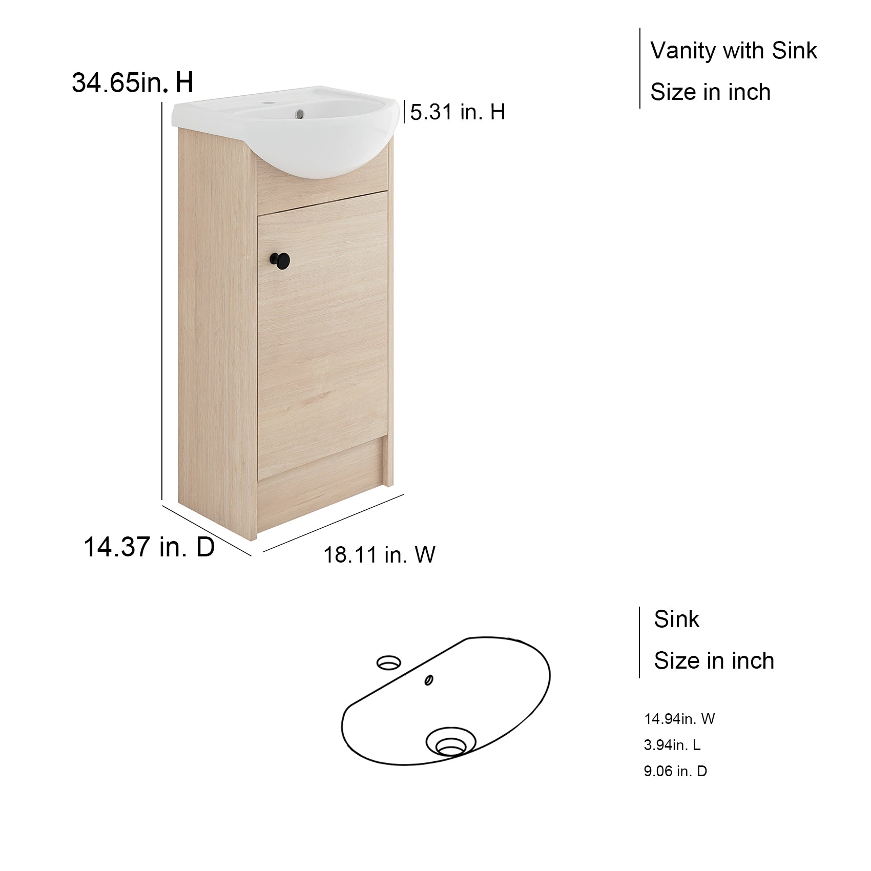 18 Inch Freestanding Bathroom Vanity in Plain Light Oak With Ceramic Sink