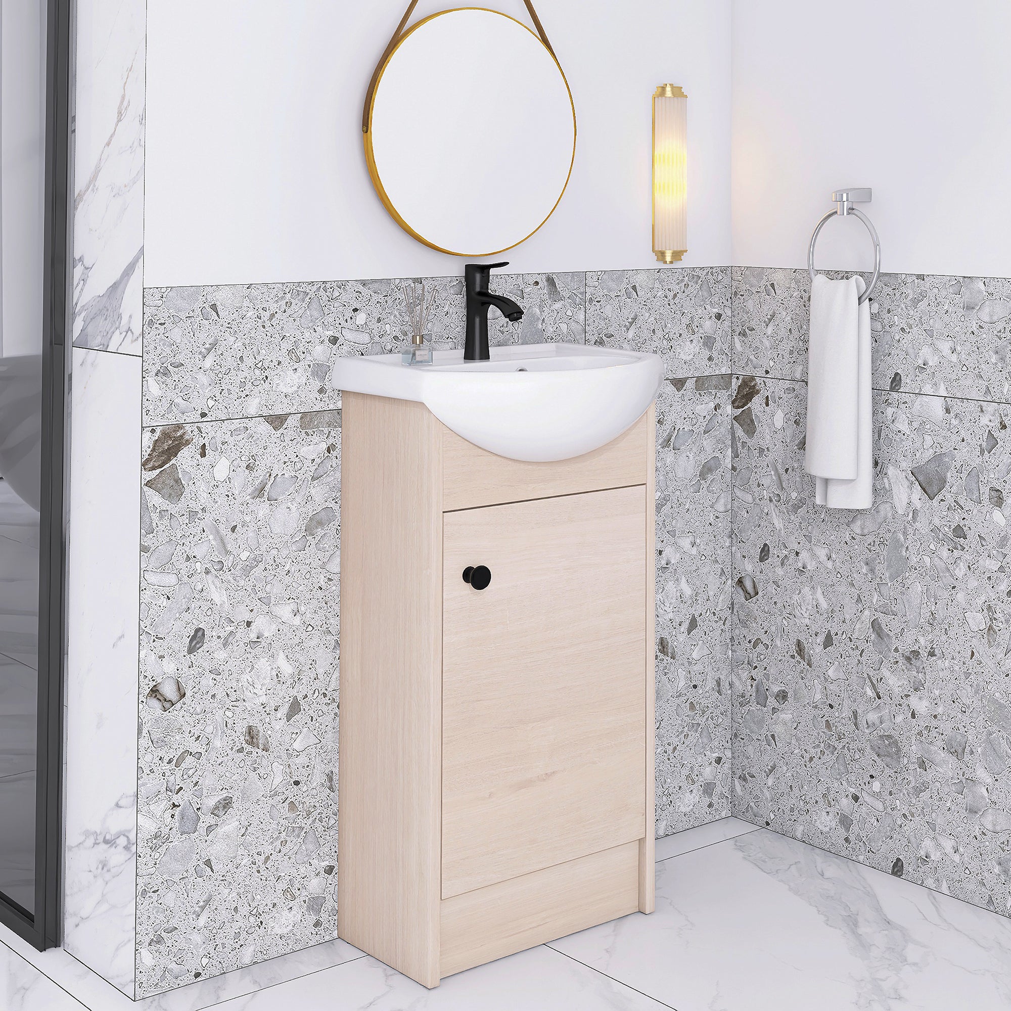 18 Inch Freestanding Bathroom Vanity in Plain Light Oak With Ceramic Sink