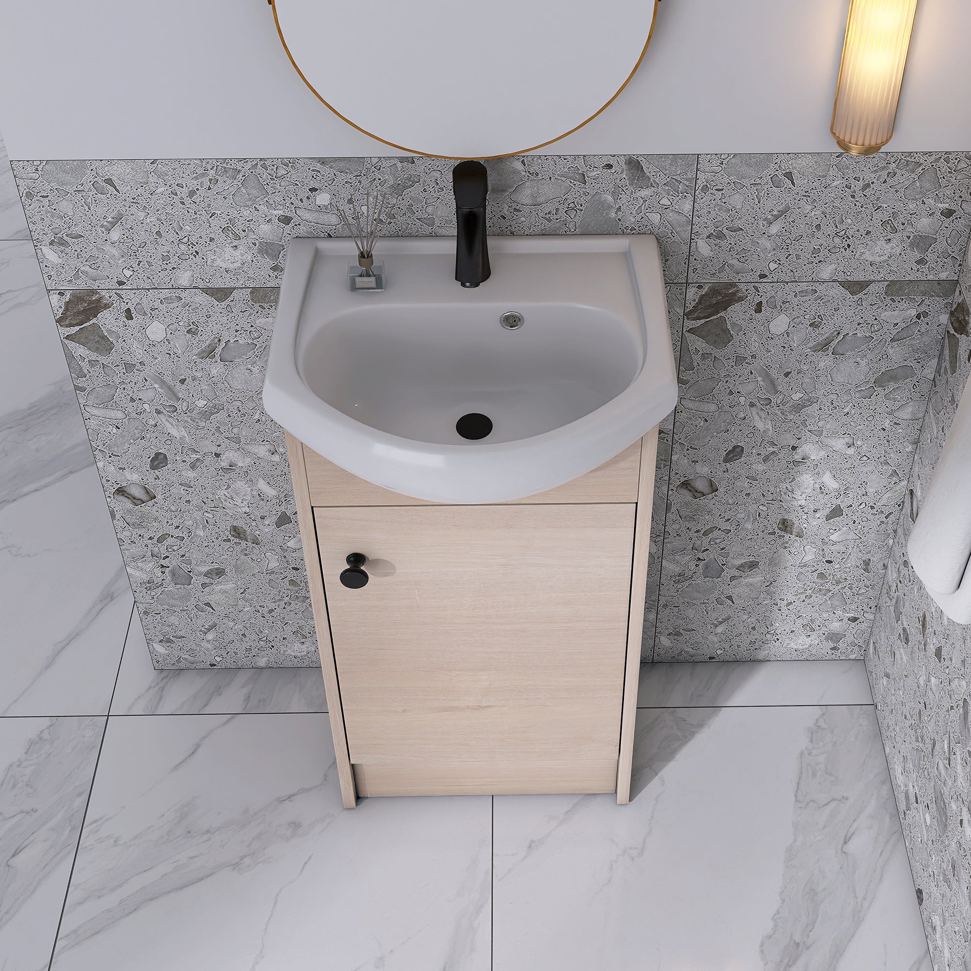 18 Inch Freestanding Bathroom Vanity in Plain Light Oak With Ceramic Sink