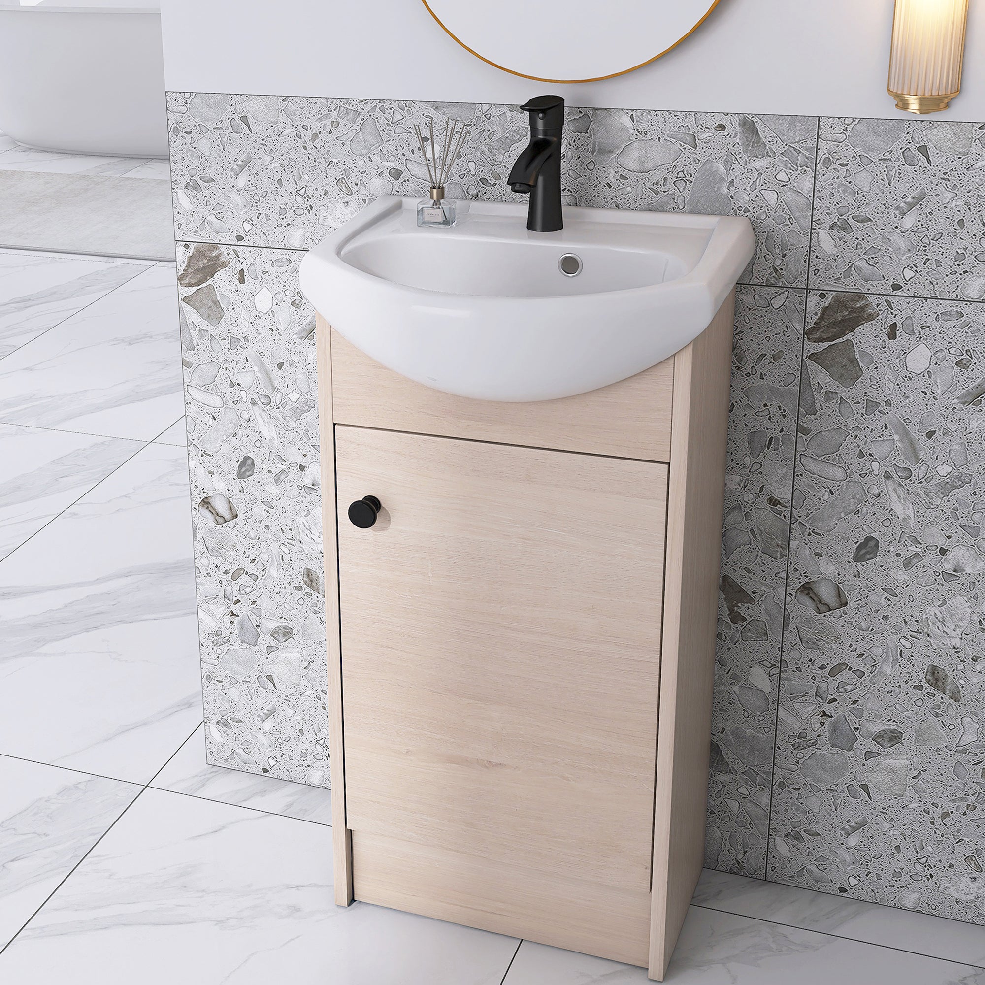 18 Inch Freestanding Bathroom Vanity in Plain Light Oak With Ceramic Sink