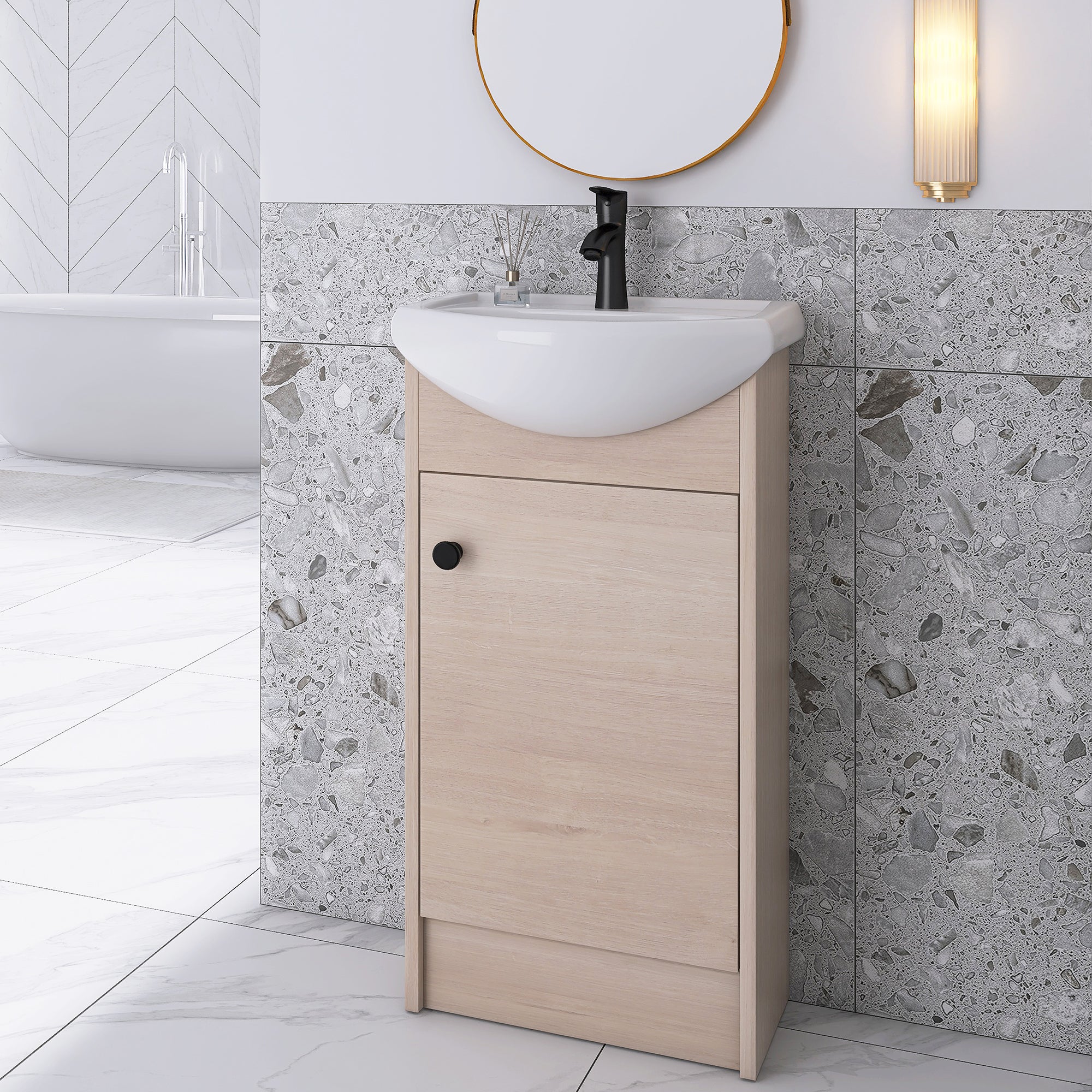 18 Inch Freestanding Bathroom Vanity in Plain Light Oak With Ceramic Sink