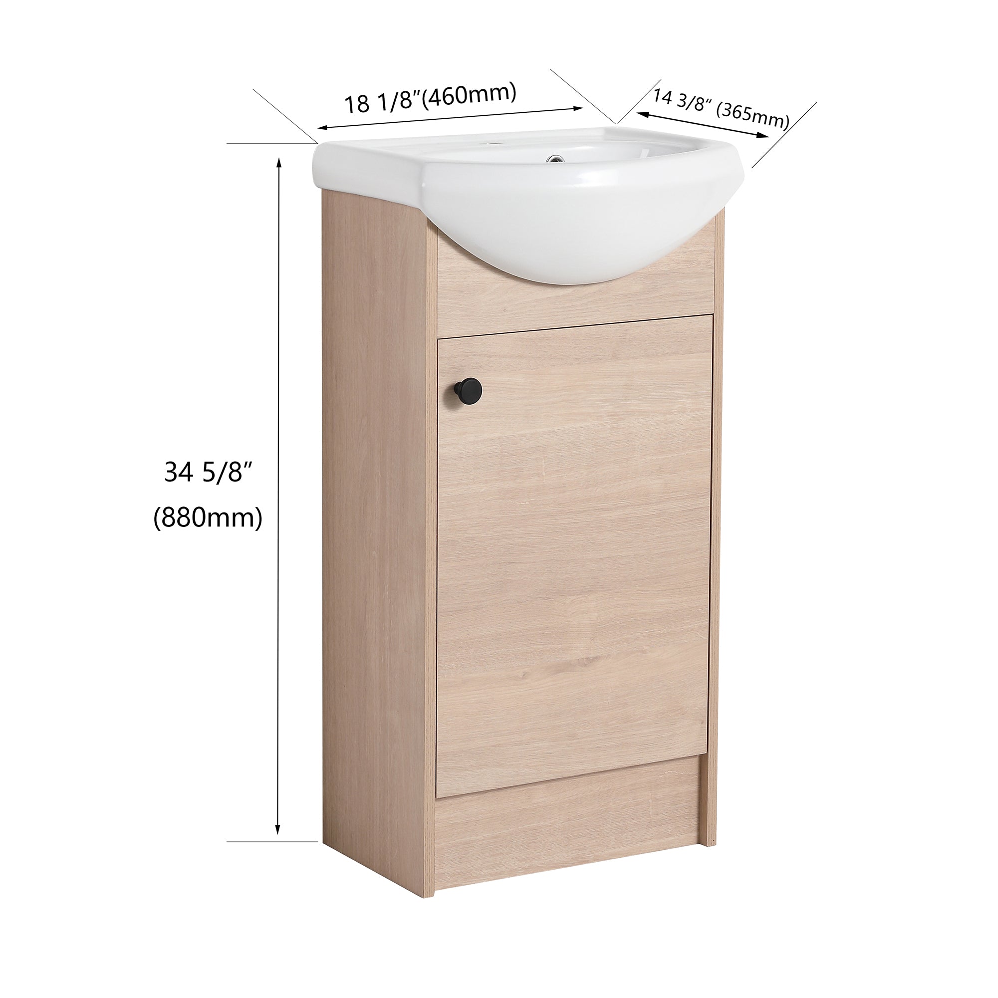 18 Inch Freestanding Bathroom Vanity in Plain Light Oak With Ceramic Sink