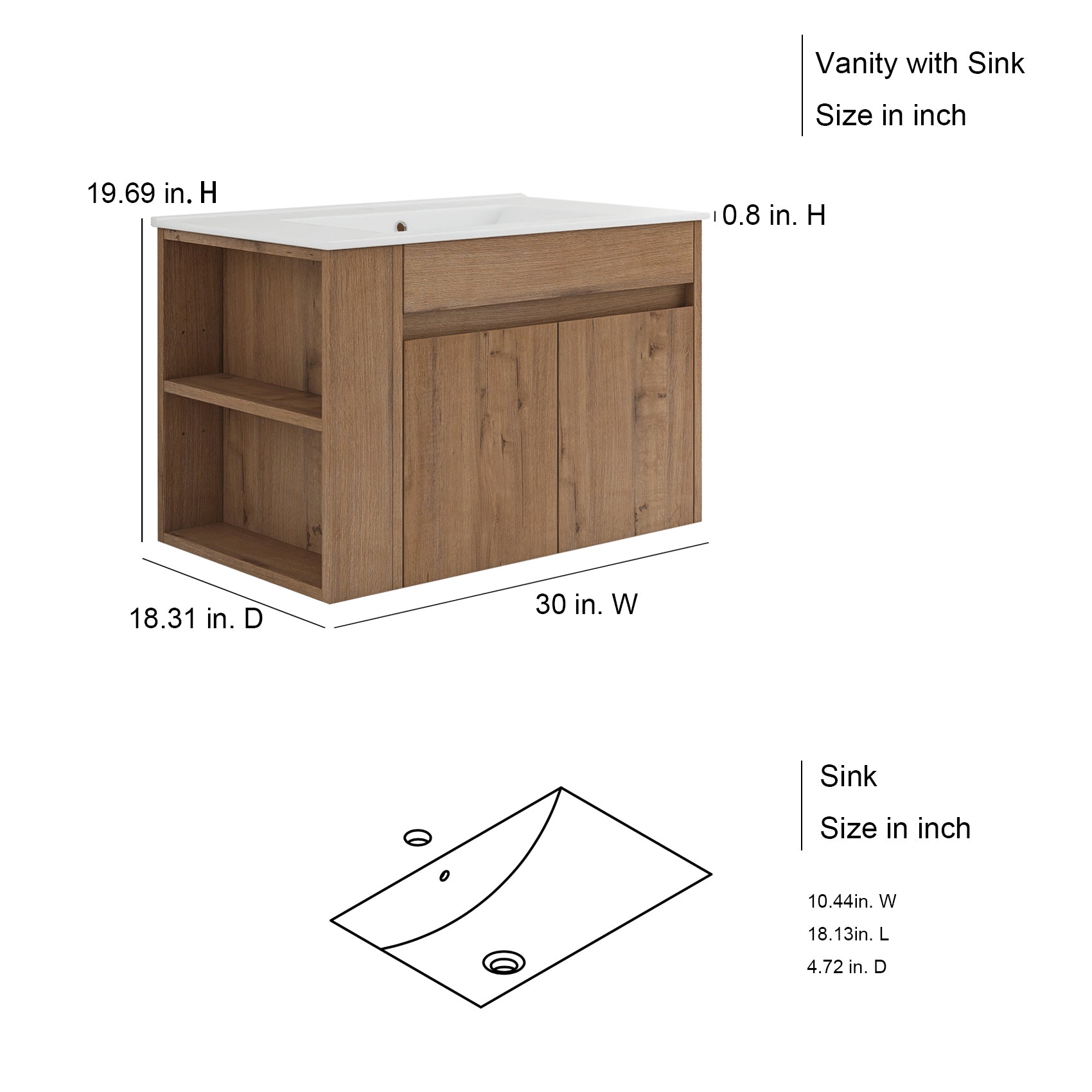 30 Inch Floating Design Bathroom Vanity with Ceramic Basin and Adjust Open Shelf