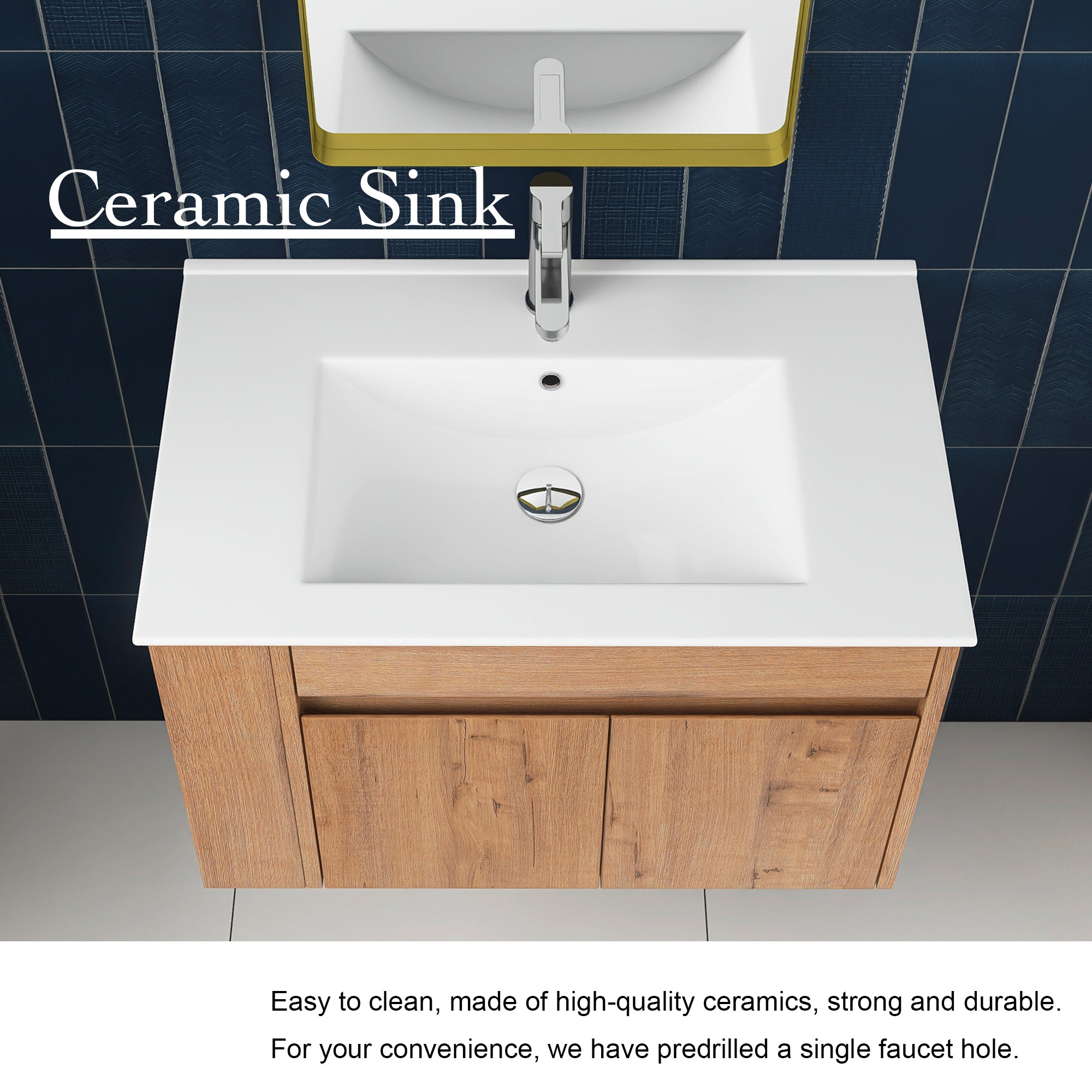 30 Inch Floating Design Bathroom Vanity with Ceramic Basin and Adjust Open Shelf