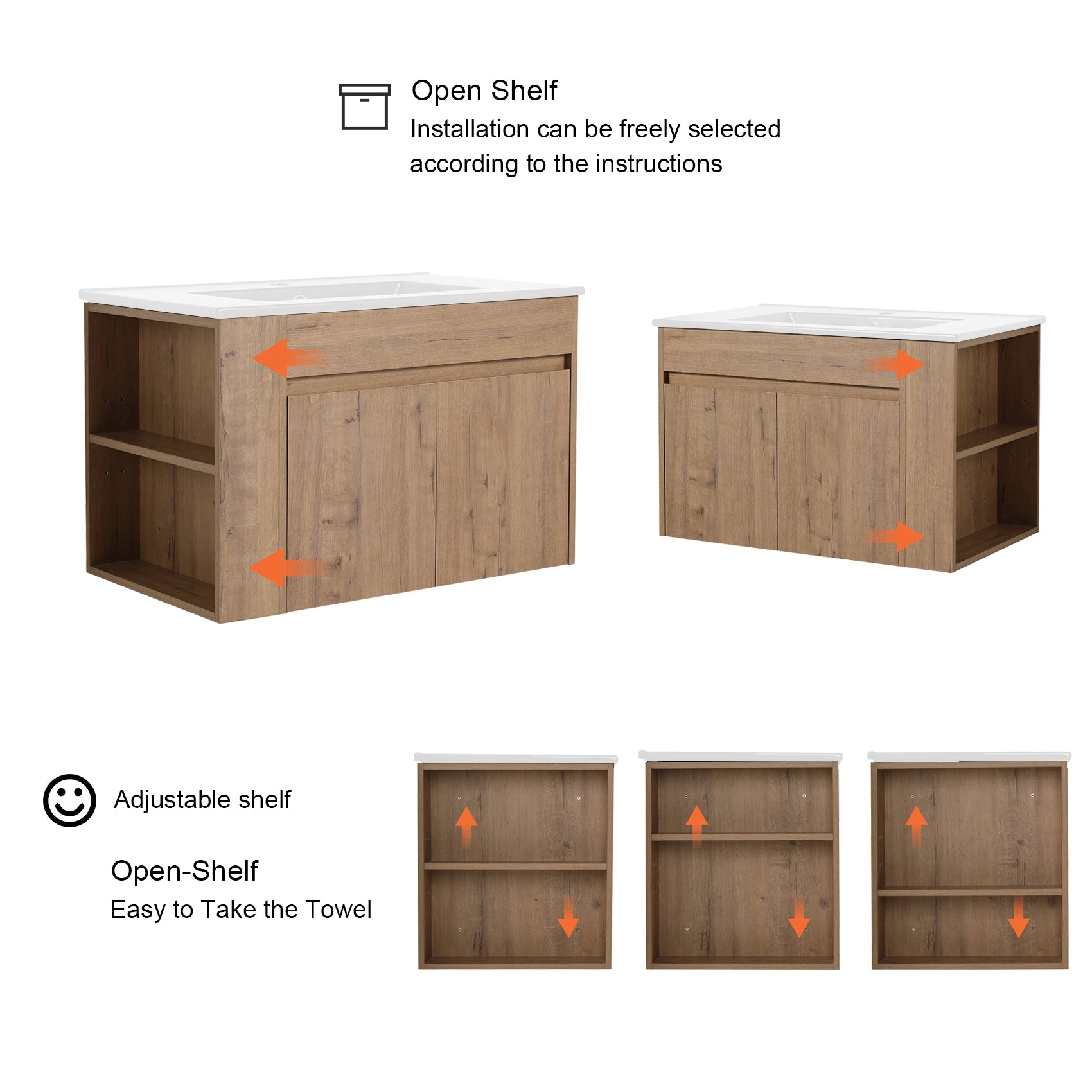 30 Inch Floating Design Bathroom Vanity with Ceramic Basin and Adjust Open Shelf