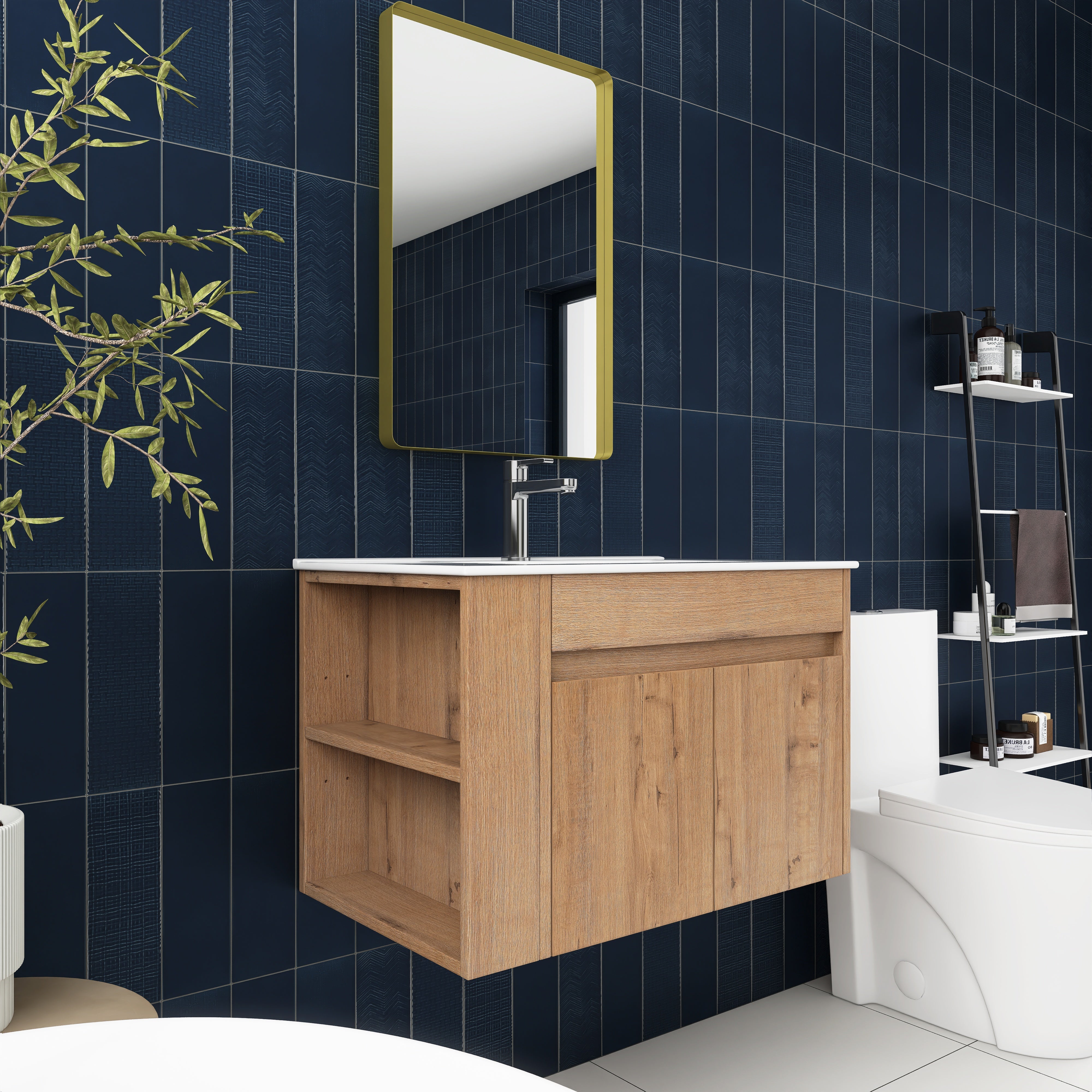 30 Inch Floating Design Bathroom Vanity with Ceramic Basin and Adjust Open Shelf