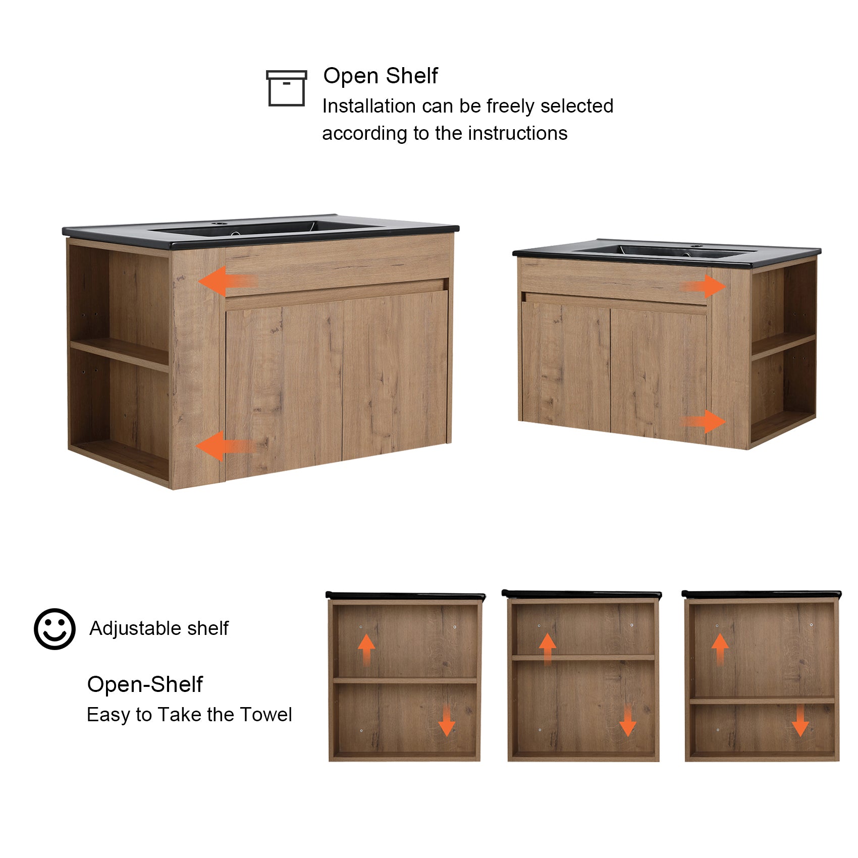 30 Inch Floating Design Bathroom Vanity with Ceramic Basin and Adjust Open Shelf