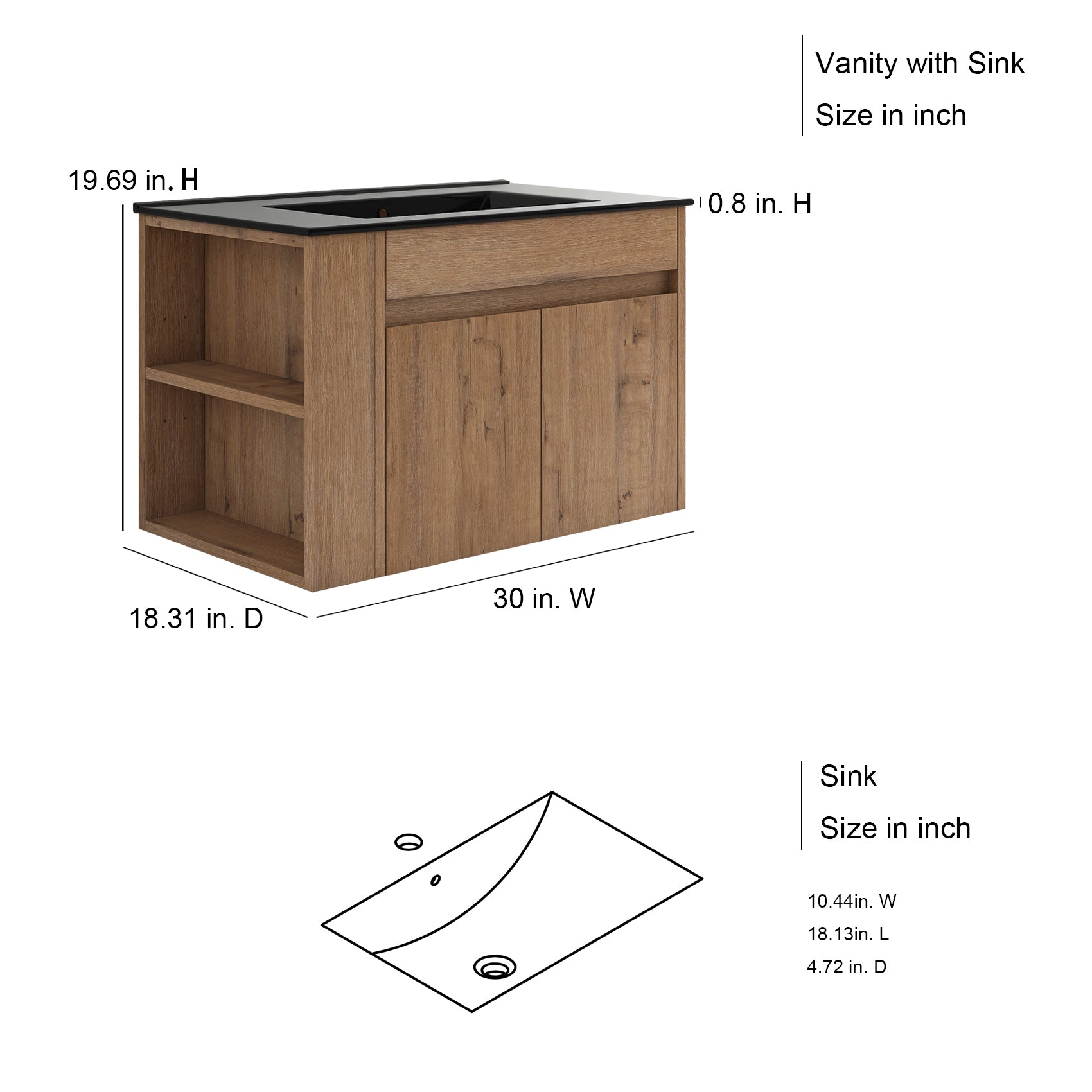 30 Inch Floating Design Bathroom Vanity with Ceramic Basin and Adjust Open Shelf