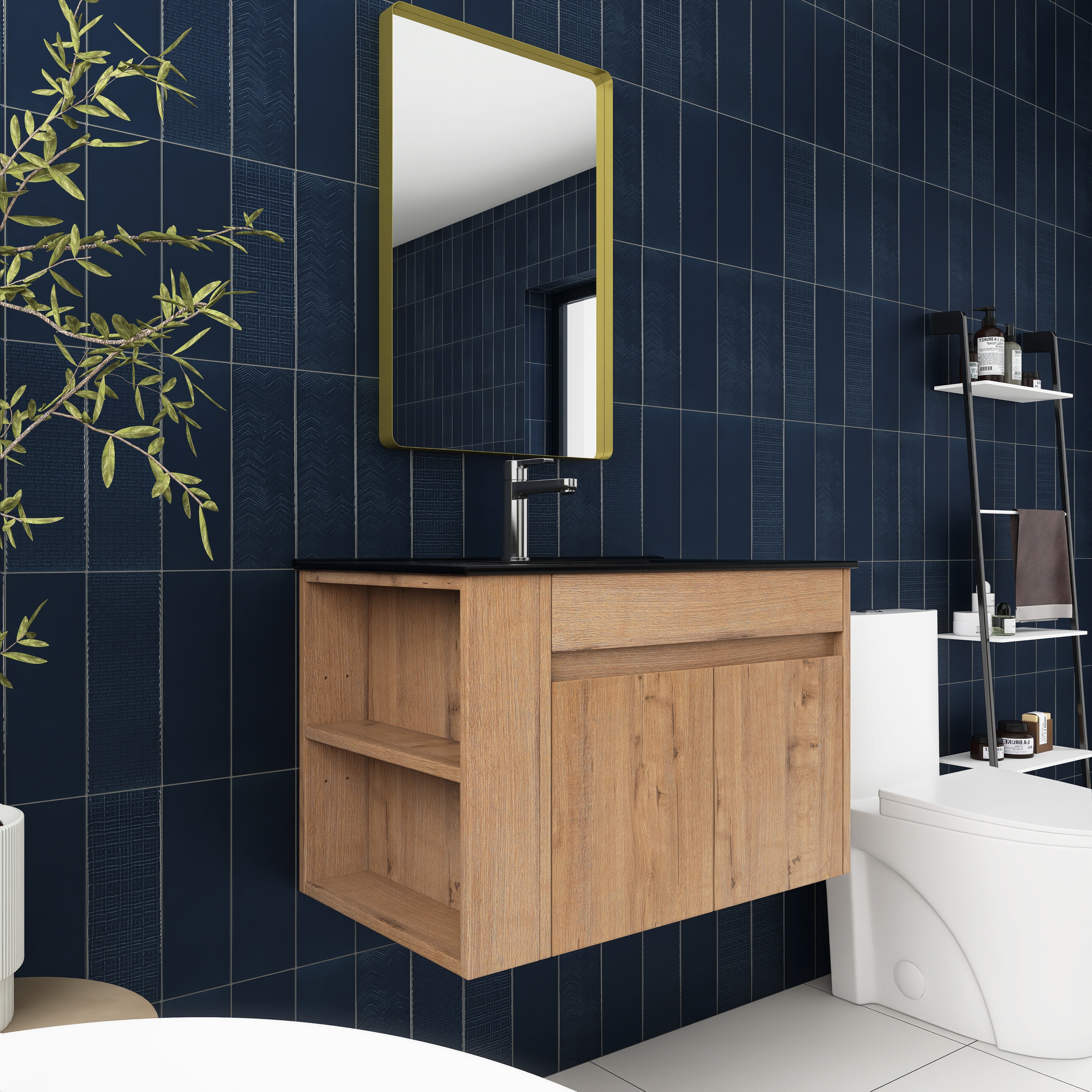 30 Inch Floating Design Bathroom Vanity with Ceramic Basin and Adjust Open Shelf