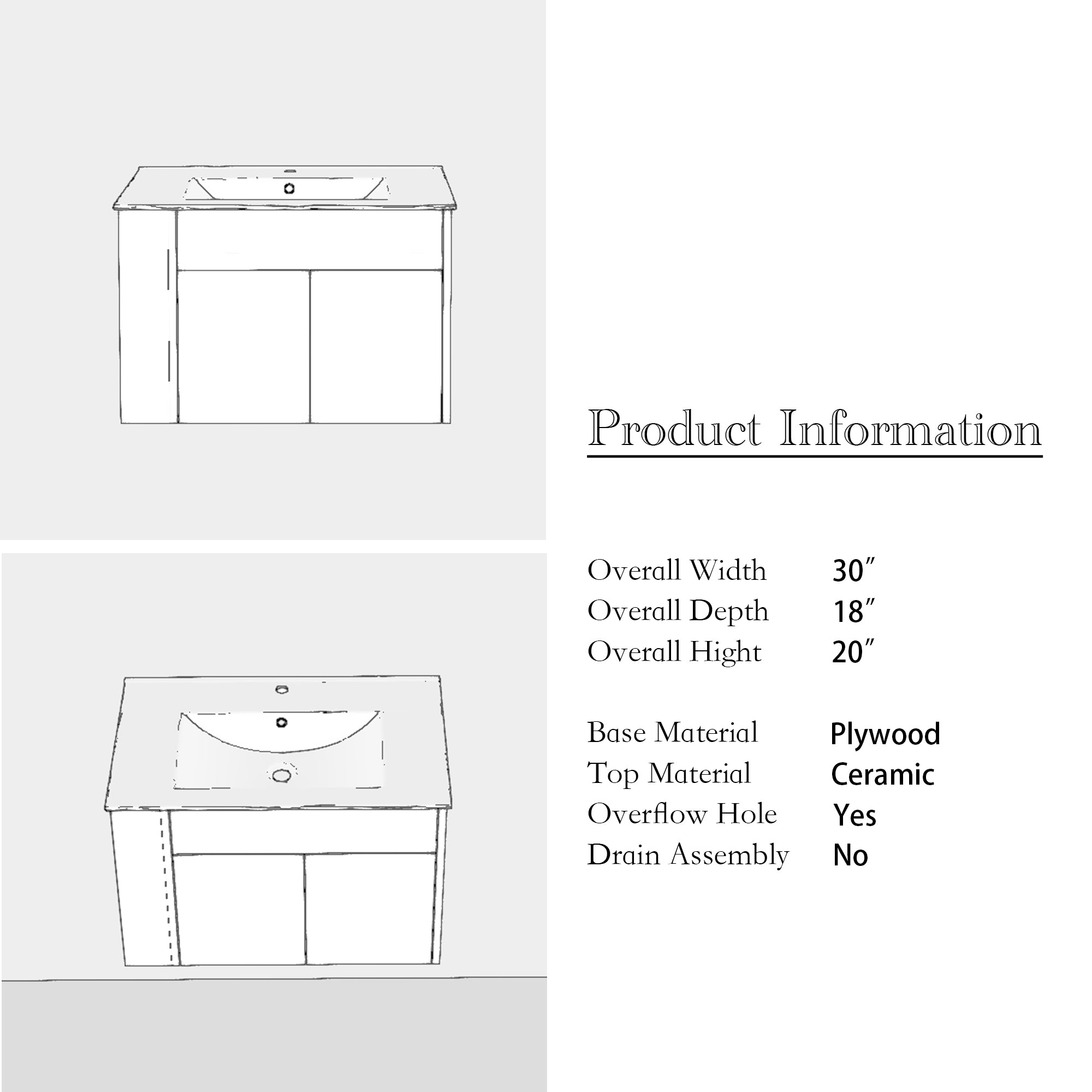 30 Inch Floating Design Bathroom Vanity with Ceramic Basin and Adjust Open Shelf