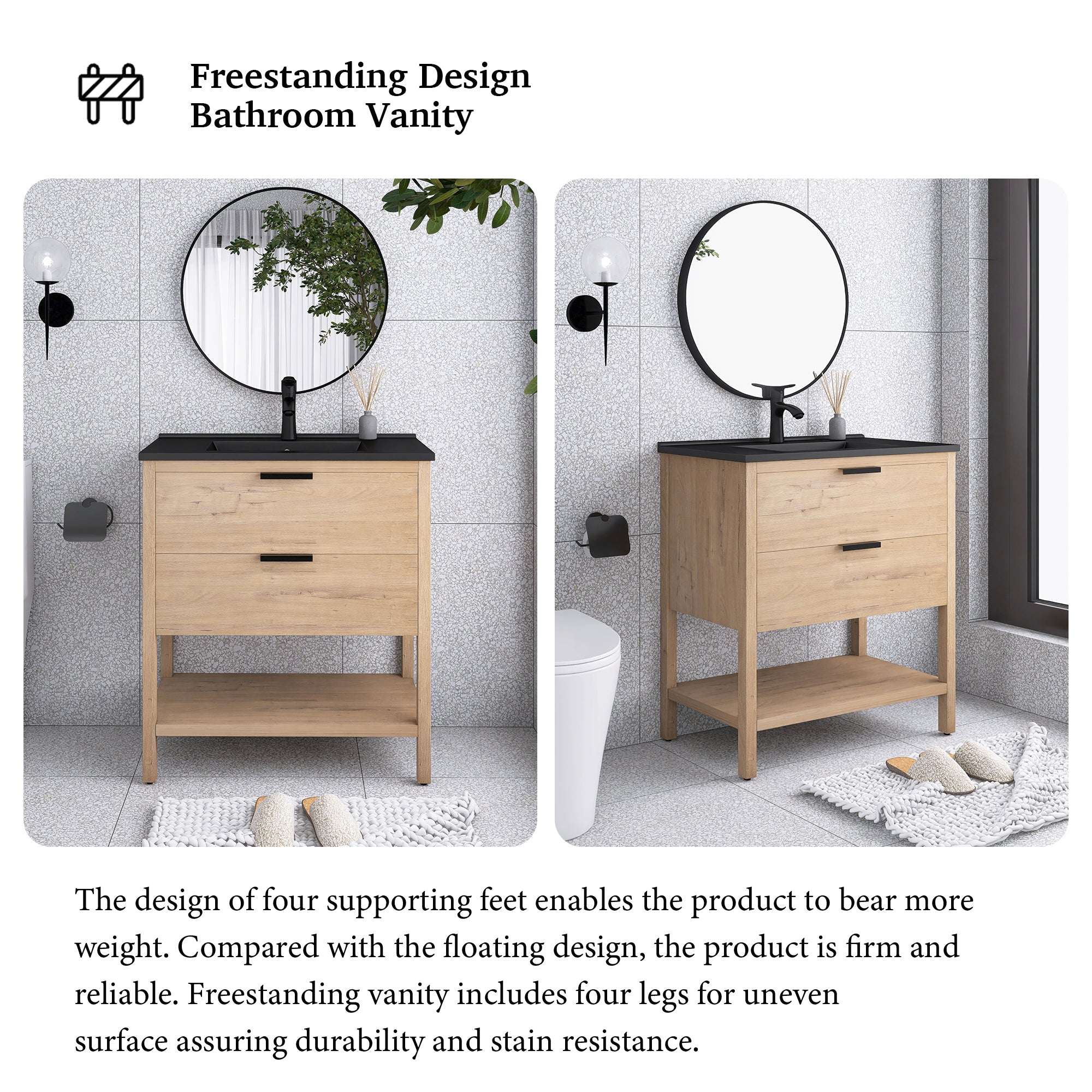 30 Inch Freestanding Bathroom Vanity Plywood With 2 Drawers with Ceramic Sink