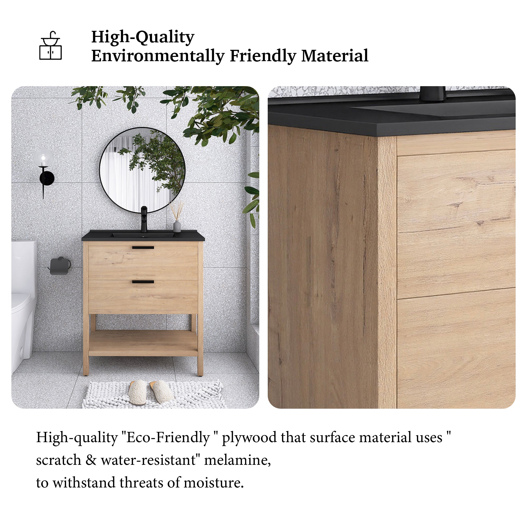 30 Inch Freestanding Bathroom Vanity Plywood With 2 Drawers with Ceramic Sink