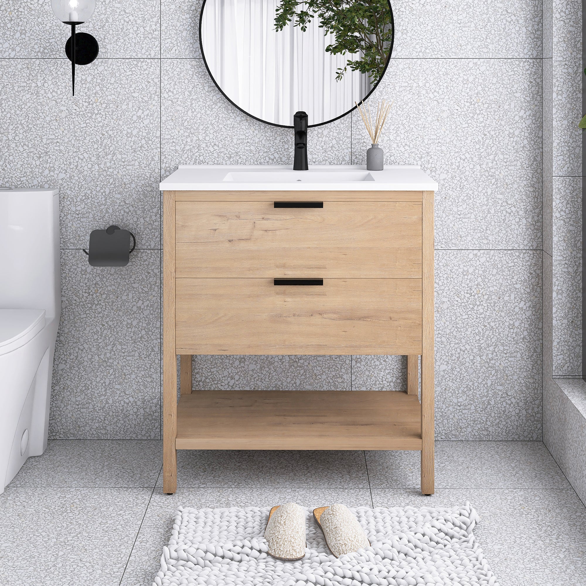 30 Inch Freestanding Bathroom Vanity Plywood With 2 Drawers with Ceramic Sink