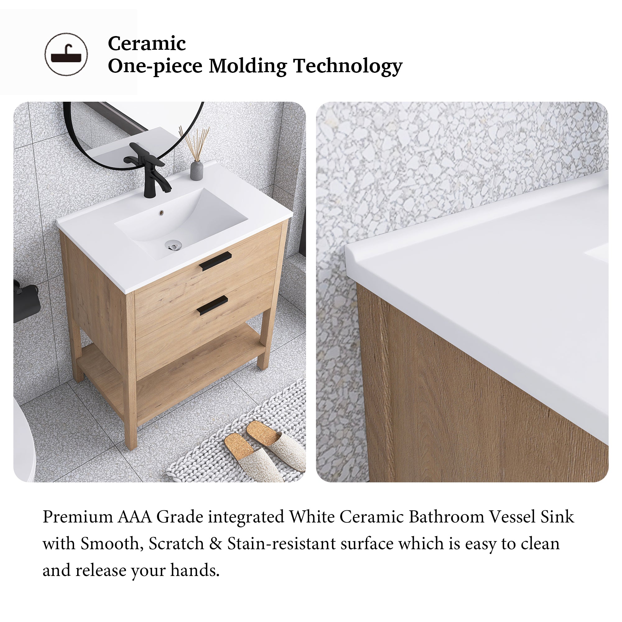 30 Inch Freestanding Bathroom Vanity Plywood With 2 Drawers with Ceramic Sink