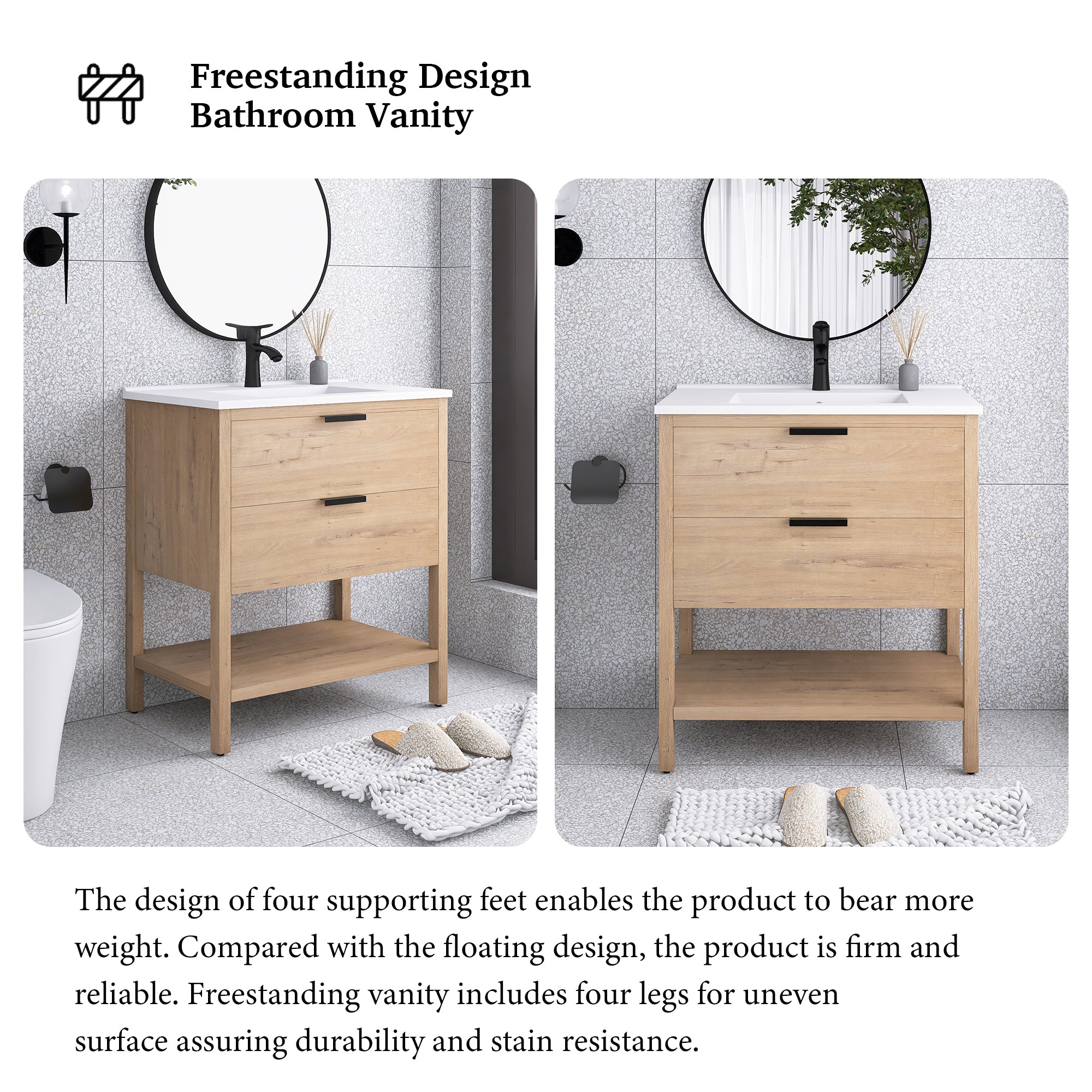 30 Inch Freestanding Bathroom Vanity Plywood With 2 Drawers with Ceramic Sink