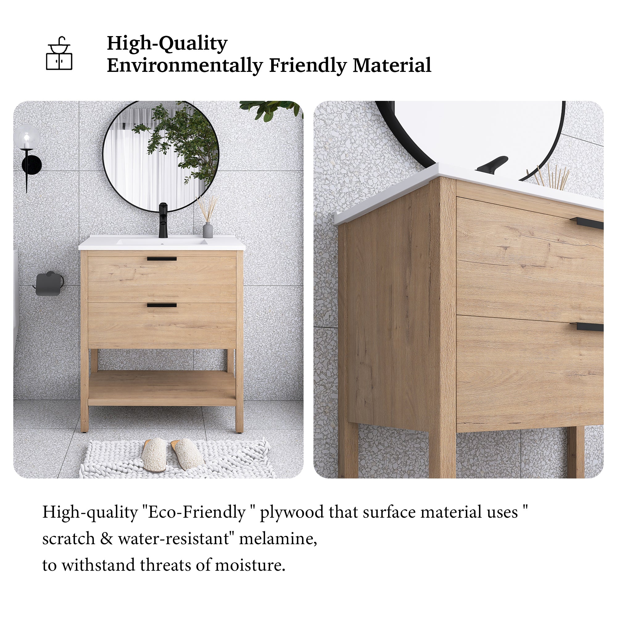 30 Inch Freestanding Bathroom Vanity Plywood With 2 Drawers with Ceramic Sink