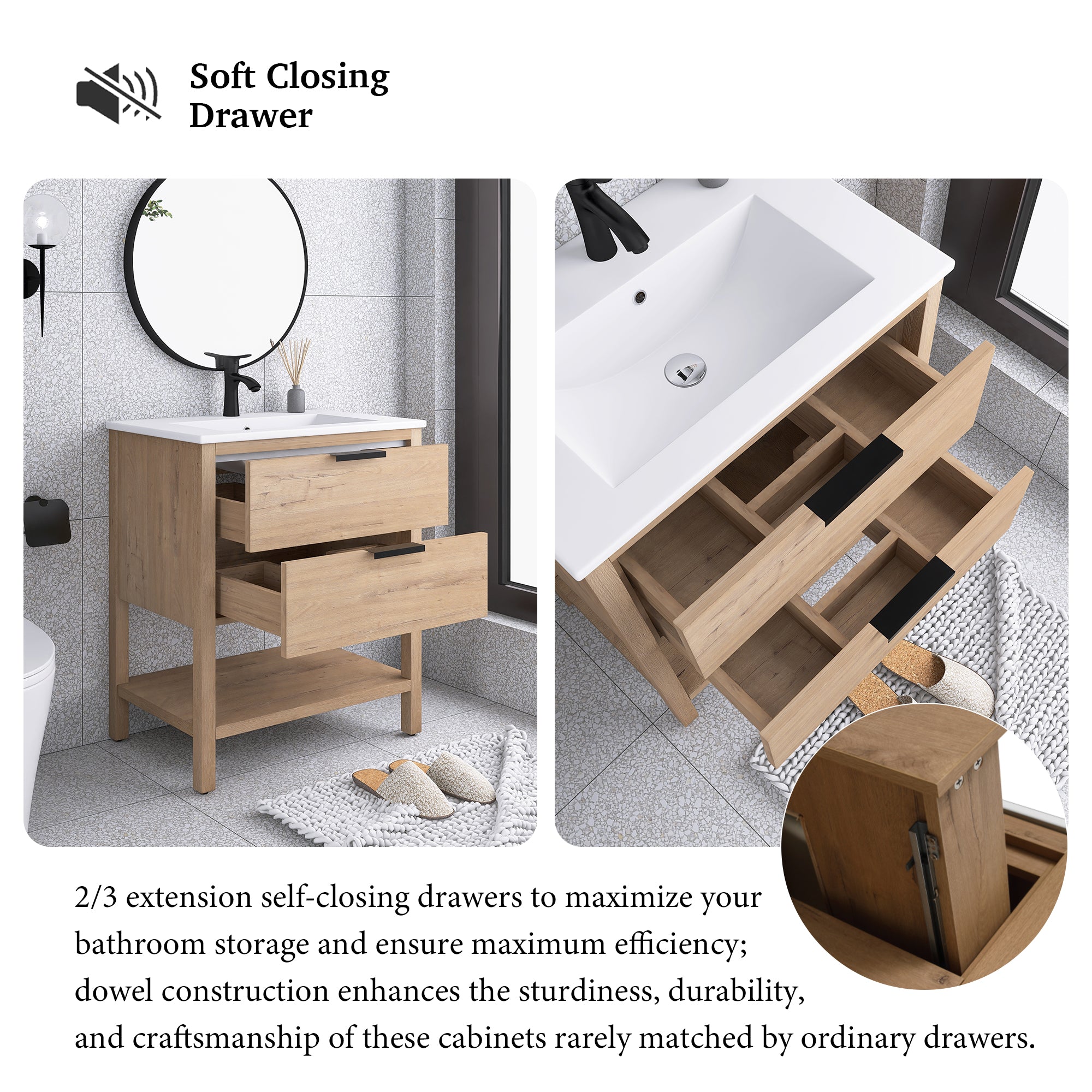30 Inch Freestanding Bathroom Vanity Plywood With 2 Drawers with Ceramic Sink