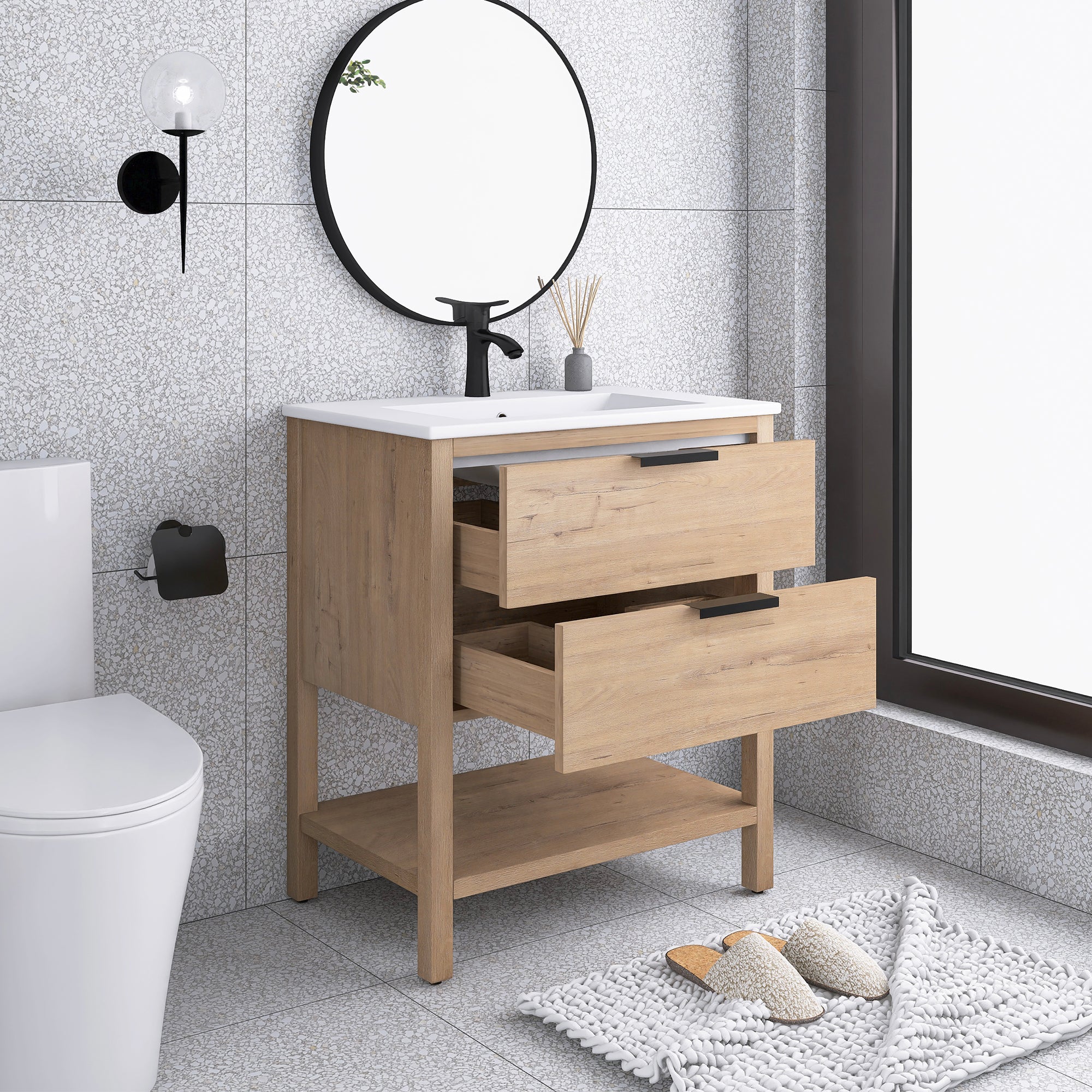 30 Inch Freestanding Bathroom Vanity Plywood With 2 Drawers with Ceramic Sink