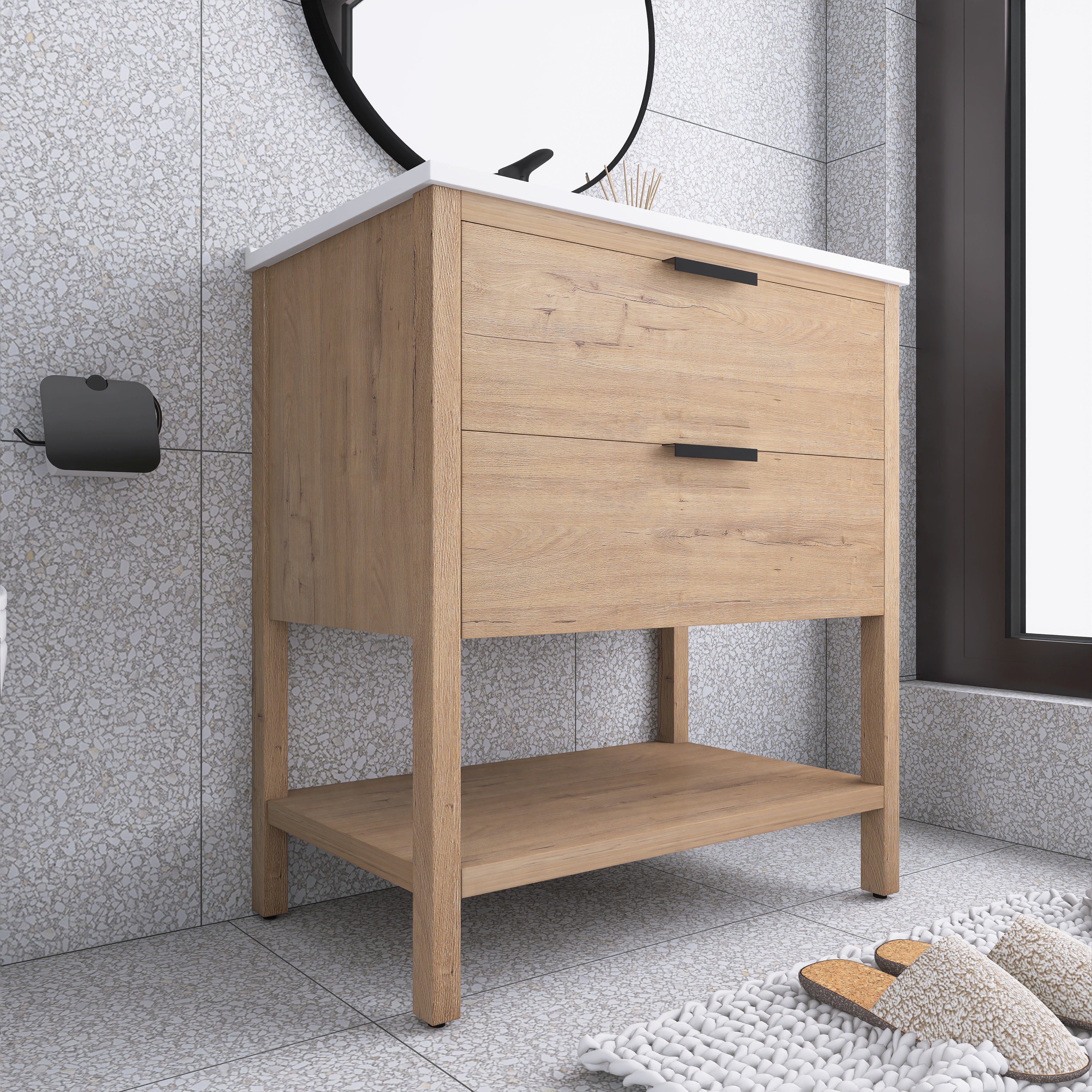 30 Inch Freestanding Bathroom Vanity Plywood With 2 Drawers with Ceramic Sink