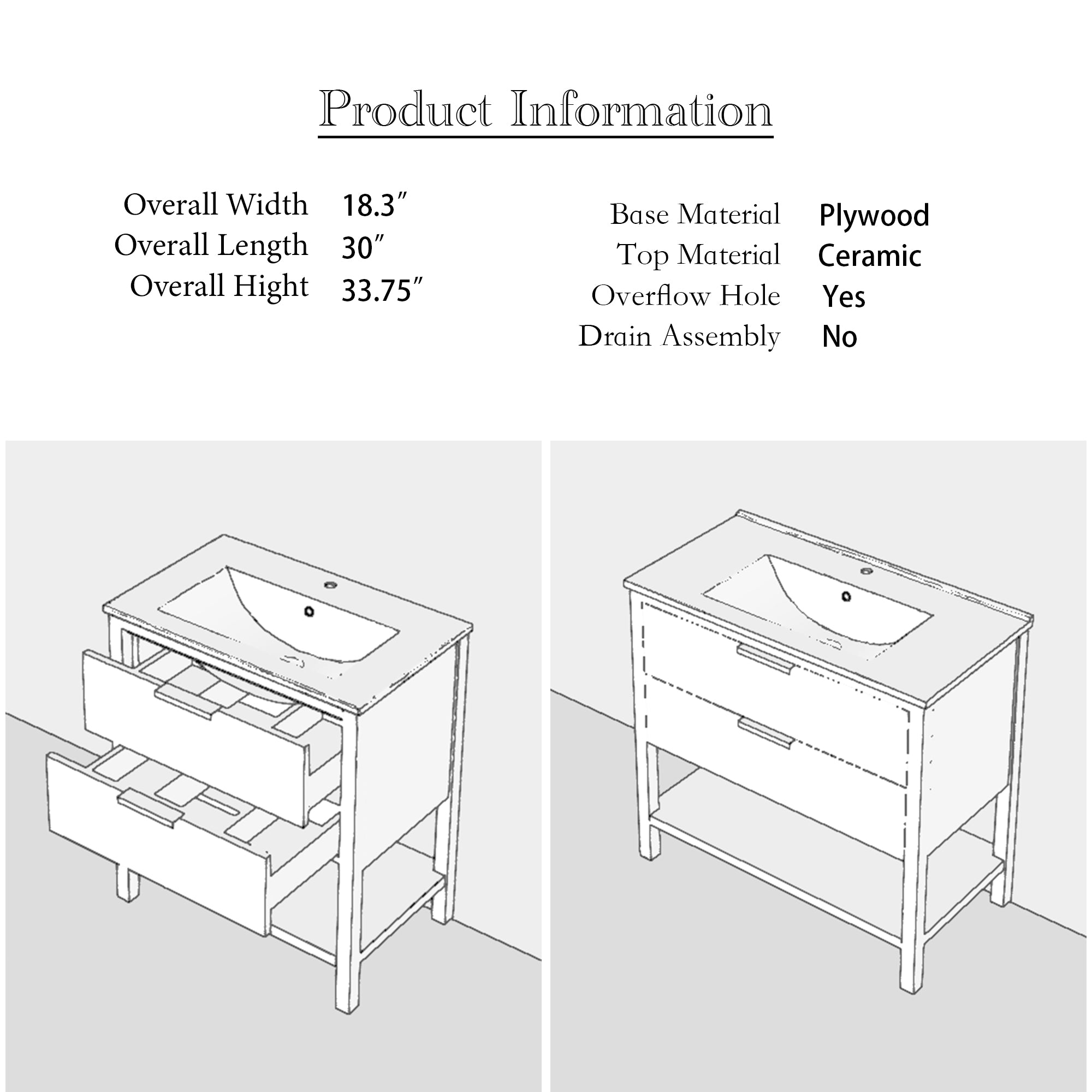 30 Inch Freestanding Bathroom Vanity Plywood With 2 Drawers with Ceramic Sink