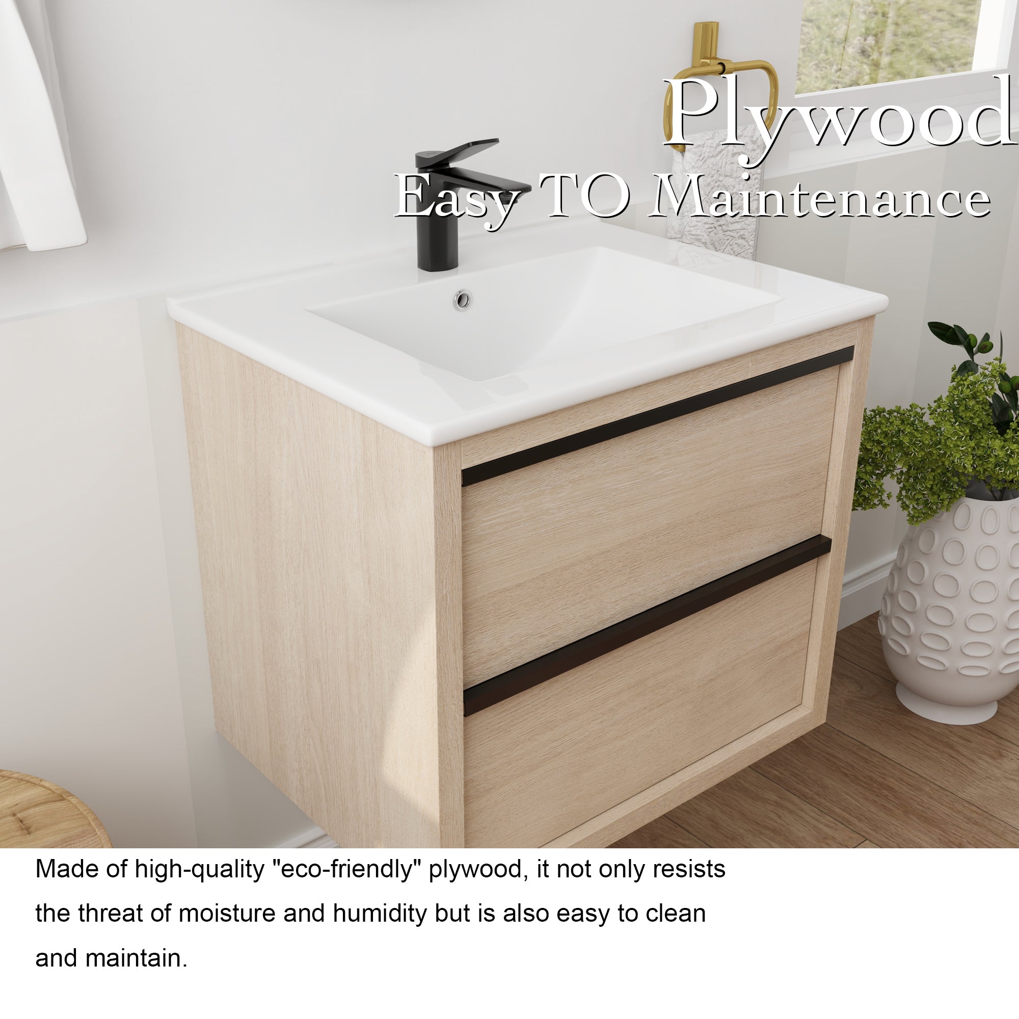 24" Floating Bathroom Vanity with 2 Soft Close drawers with Ceramic Basin
