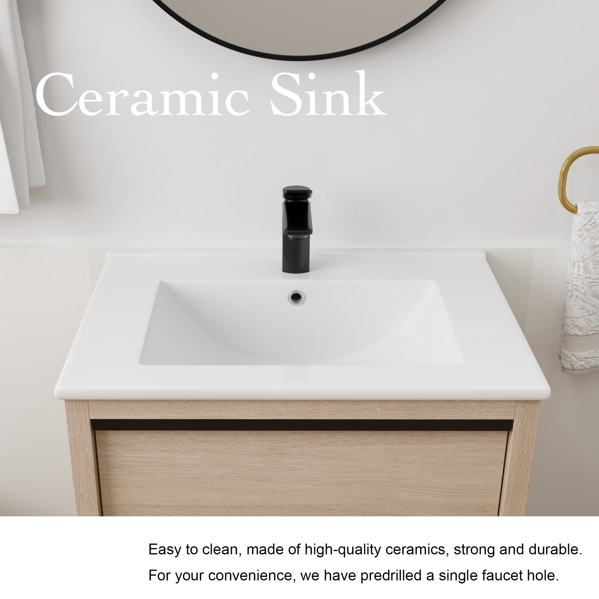 24" Floating Bathroom Vanity with 2 Soft Close drawers with Ceramic Basin