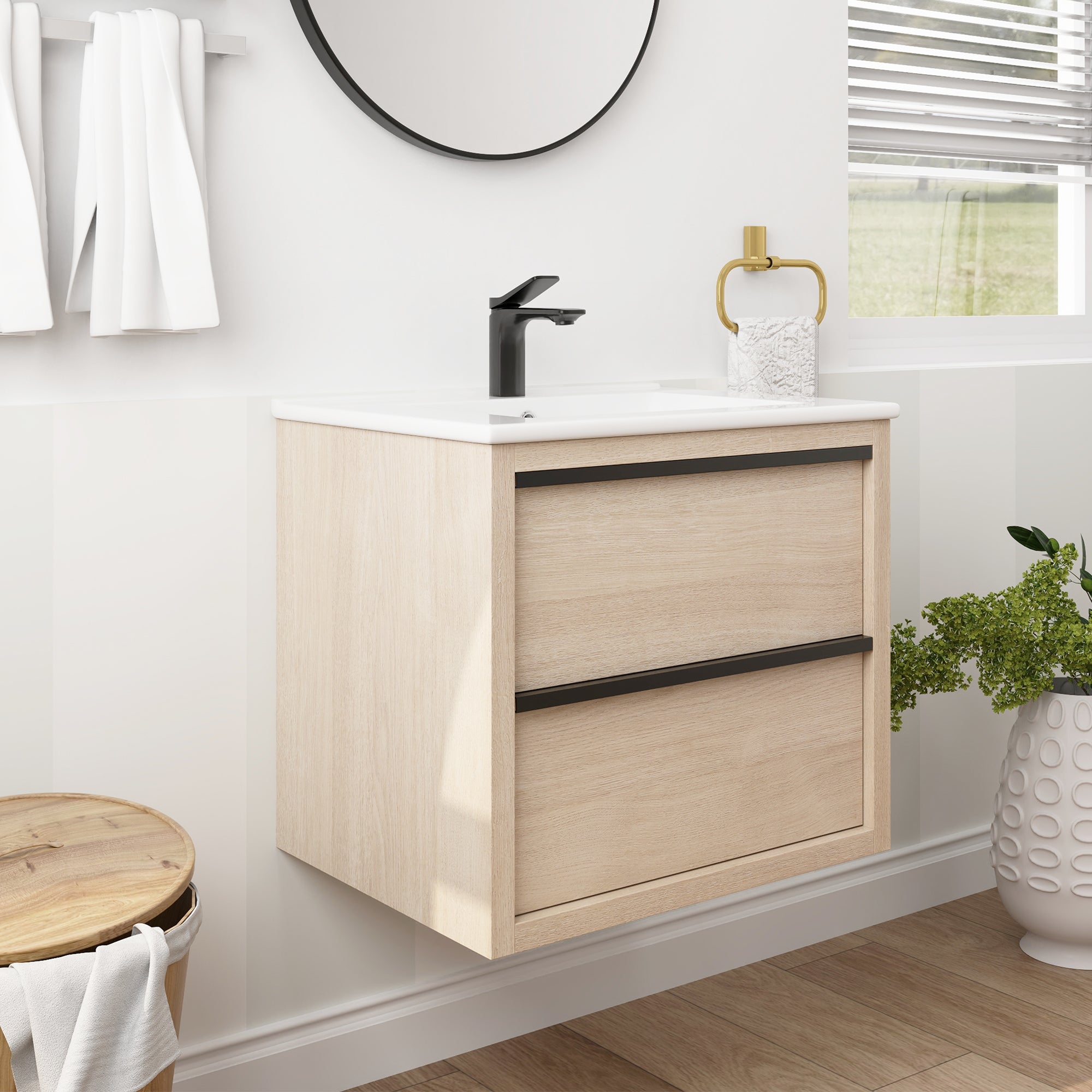 24" Floating Bathroom Vanity with 2 Soft Close drawers with Ceramic Basin