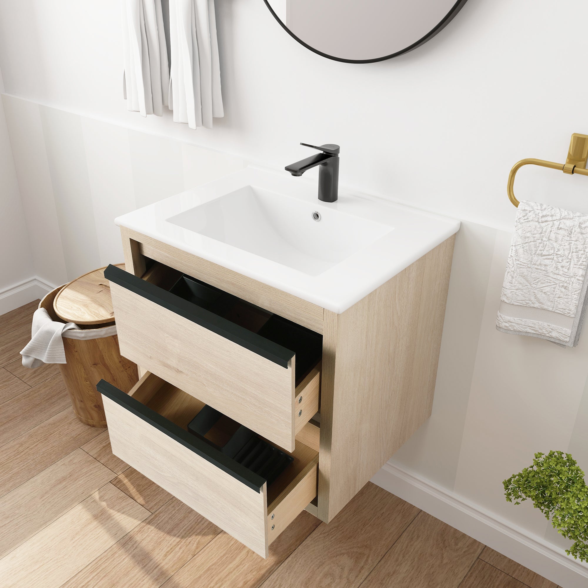 24" Floating Bathroom Vanity with 2 Soft Close drawers with Ceramic Basin