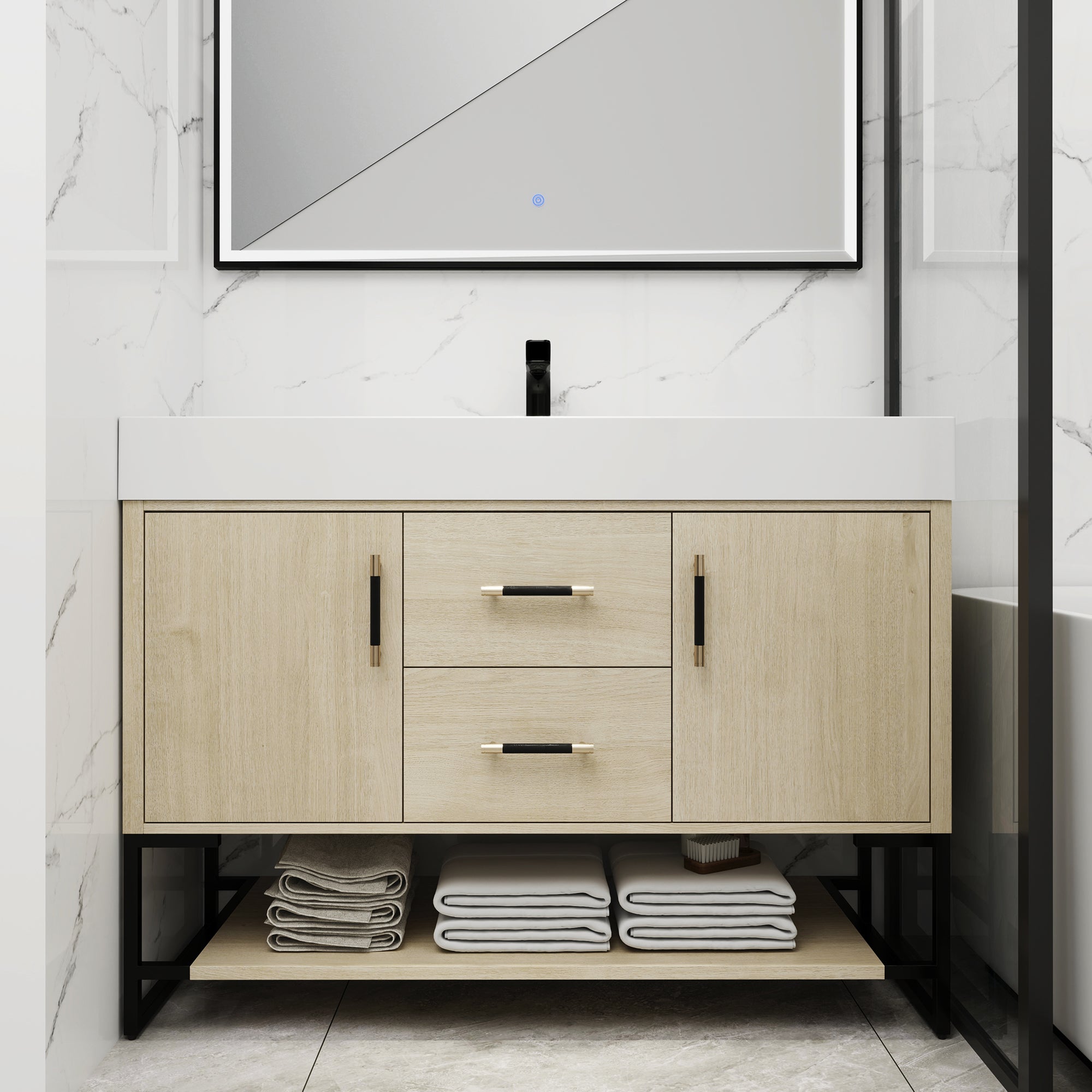 48 Inch Bathroom Vanity Freestanding Design With Cultured Marble Sink with 2 Drawers and Doors