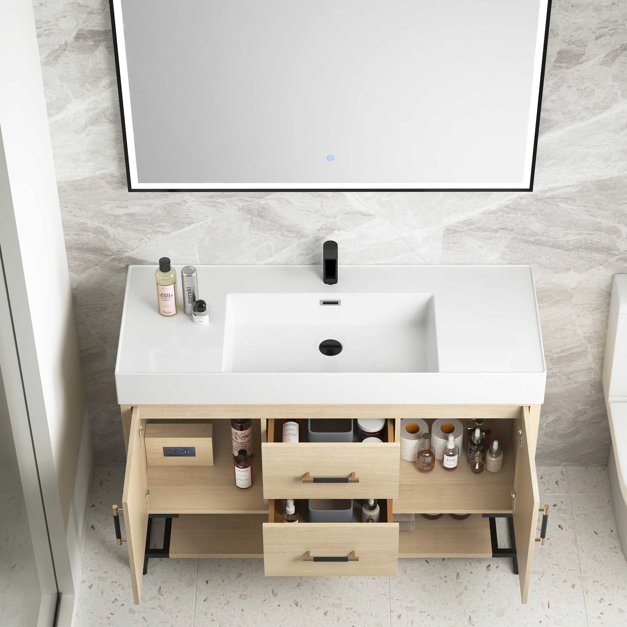 48 Inch Bathroom Vanity Freestanding Design With Cultured Marble Sink with 2 Drawers and Doors
