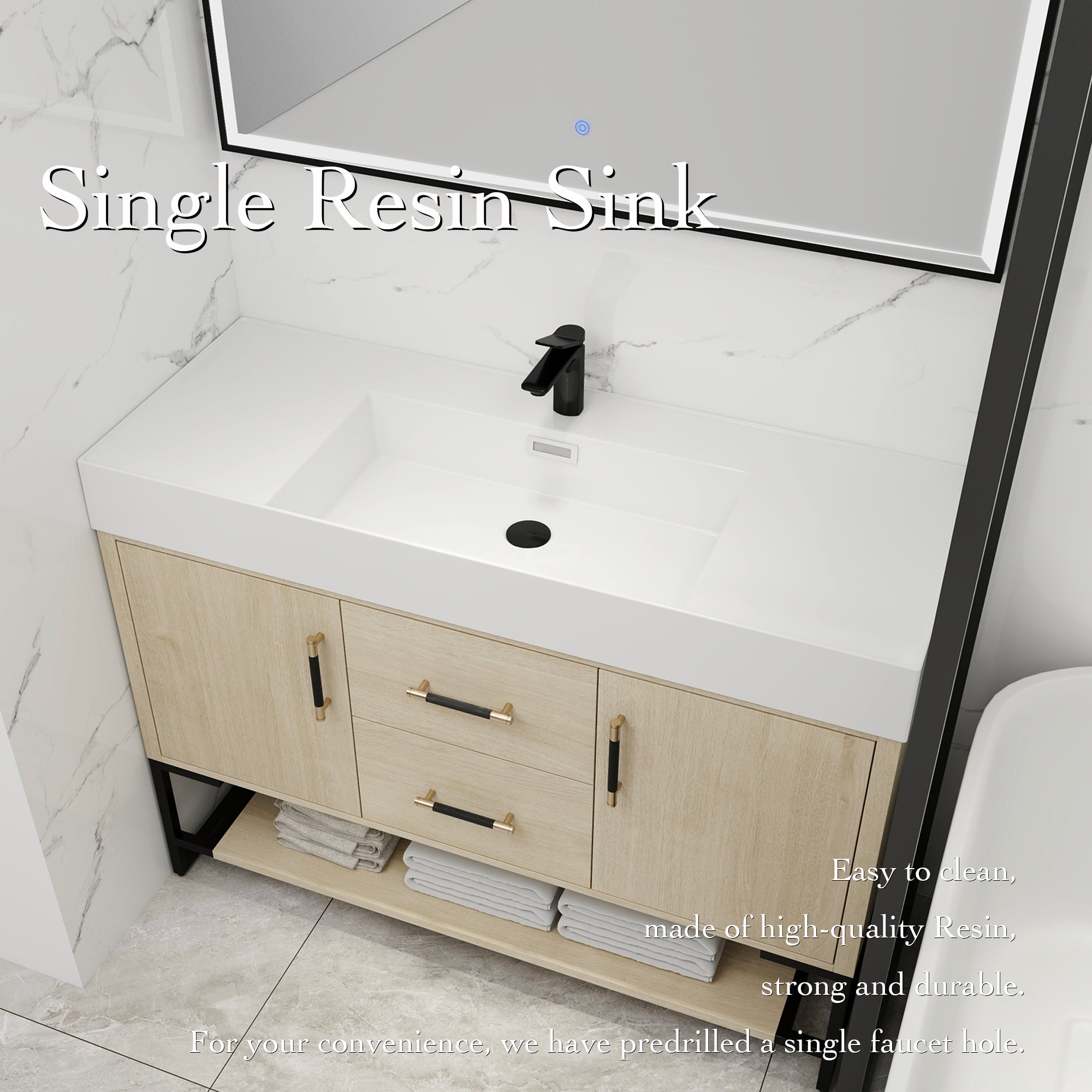 48 Inch Bathroom Vanity Freestanding Design With Cultured Marble Sink with 2 Drawers and Doors