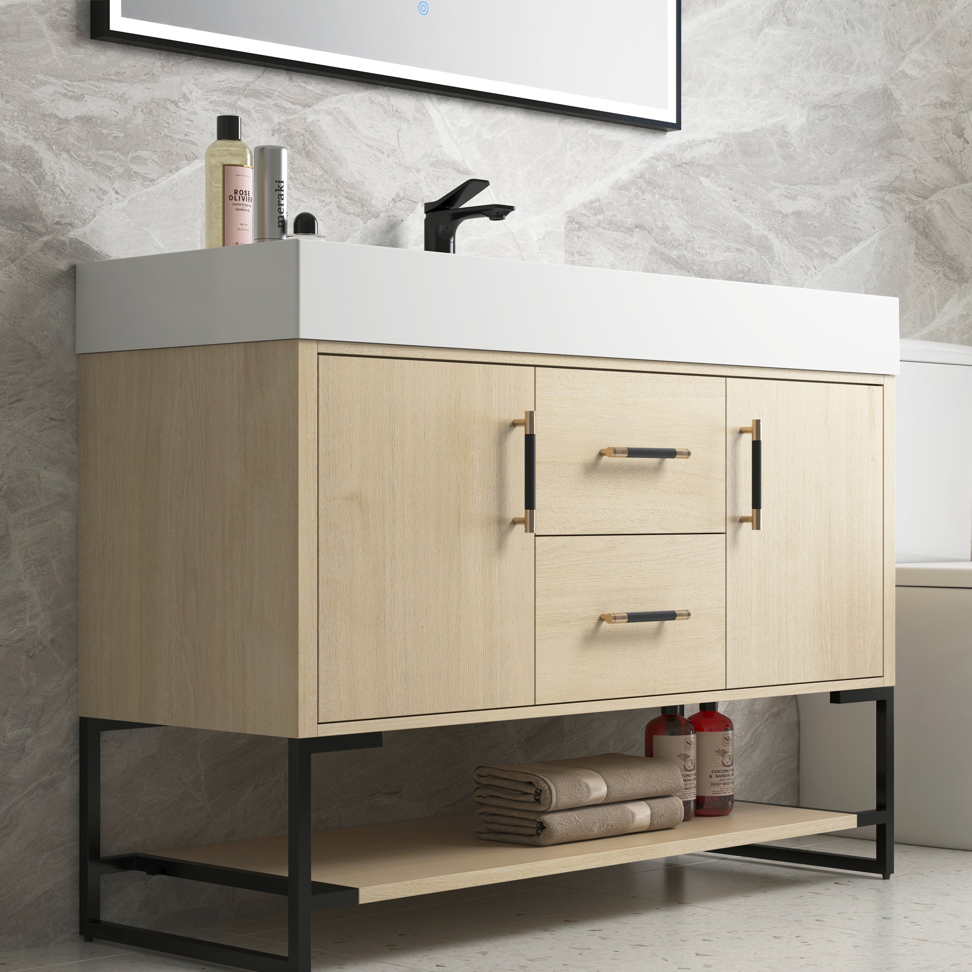 48 Inch Bathroom Vanity Freestanding Design With Cultured Marble Sink with 2 Drawers and Doors