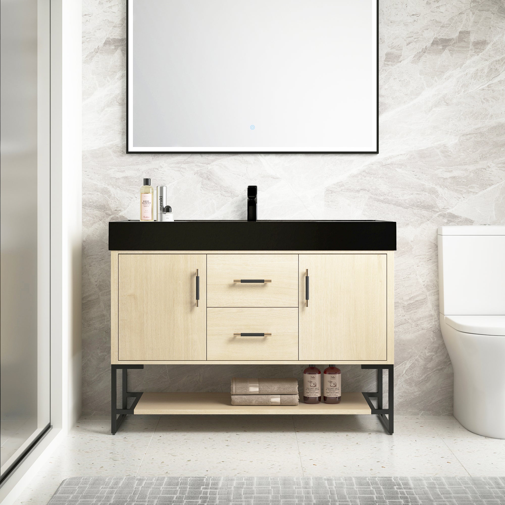 48 Inch Bathroom Vanity Freestanding Design With Cultured Marble Sink with 2 Drawers and Doors