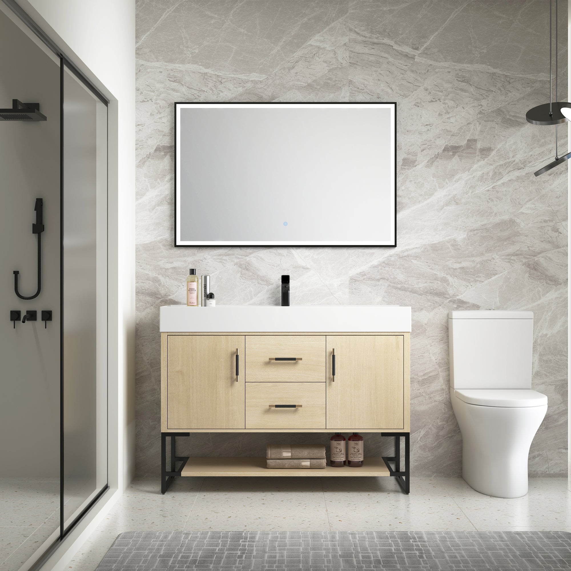 48 Inch Bathroom Vanity Freestanding Design With Cultured Marble Sink with 2 Drawers and Doors