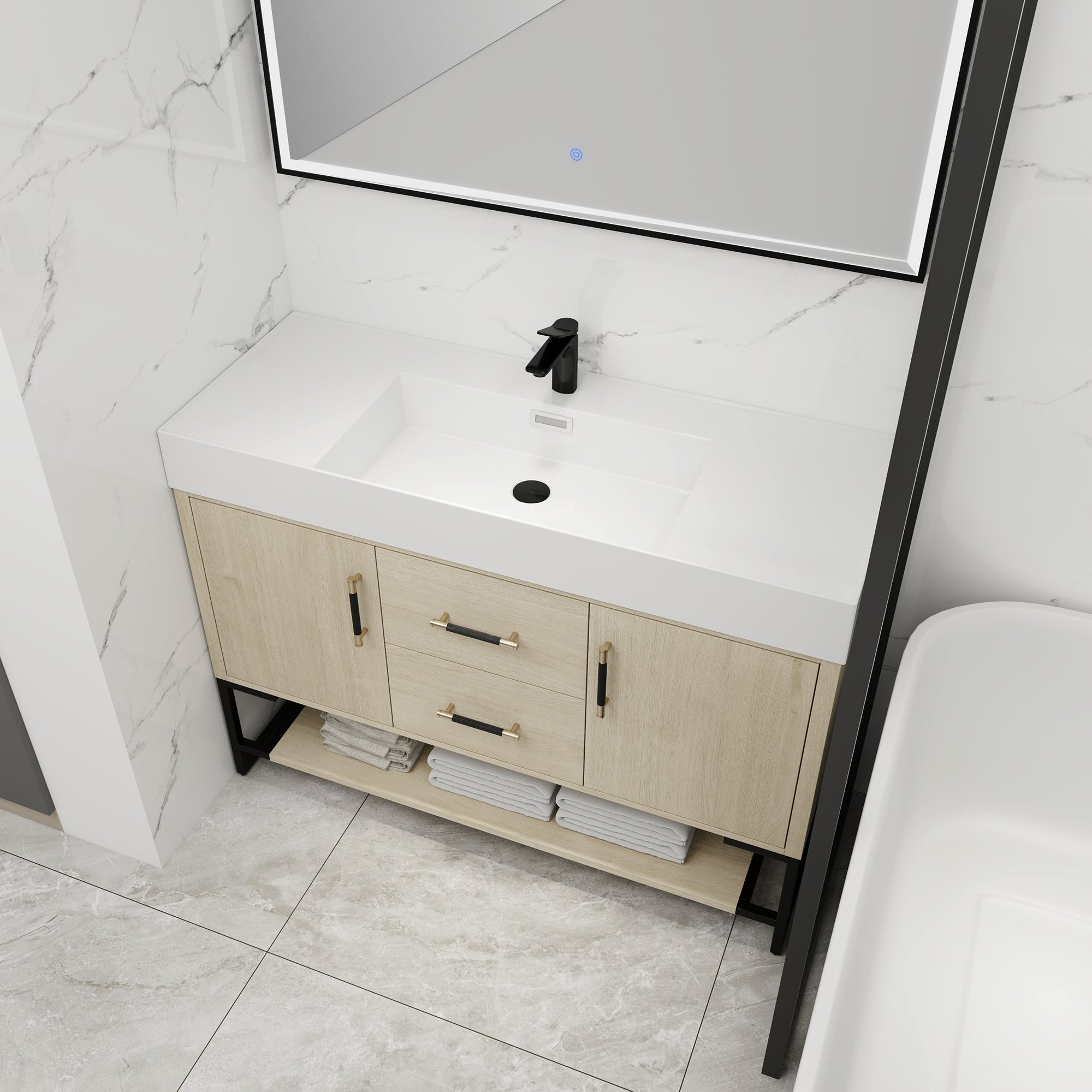 48 Inch Bathroom Vanity Freestanding Design With Cultured Marble Sink with 2 Drawers and Doors