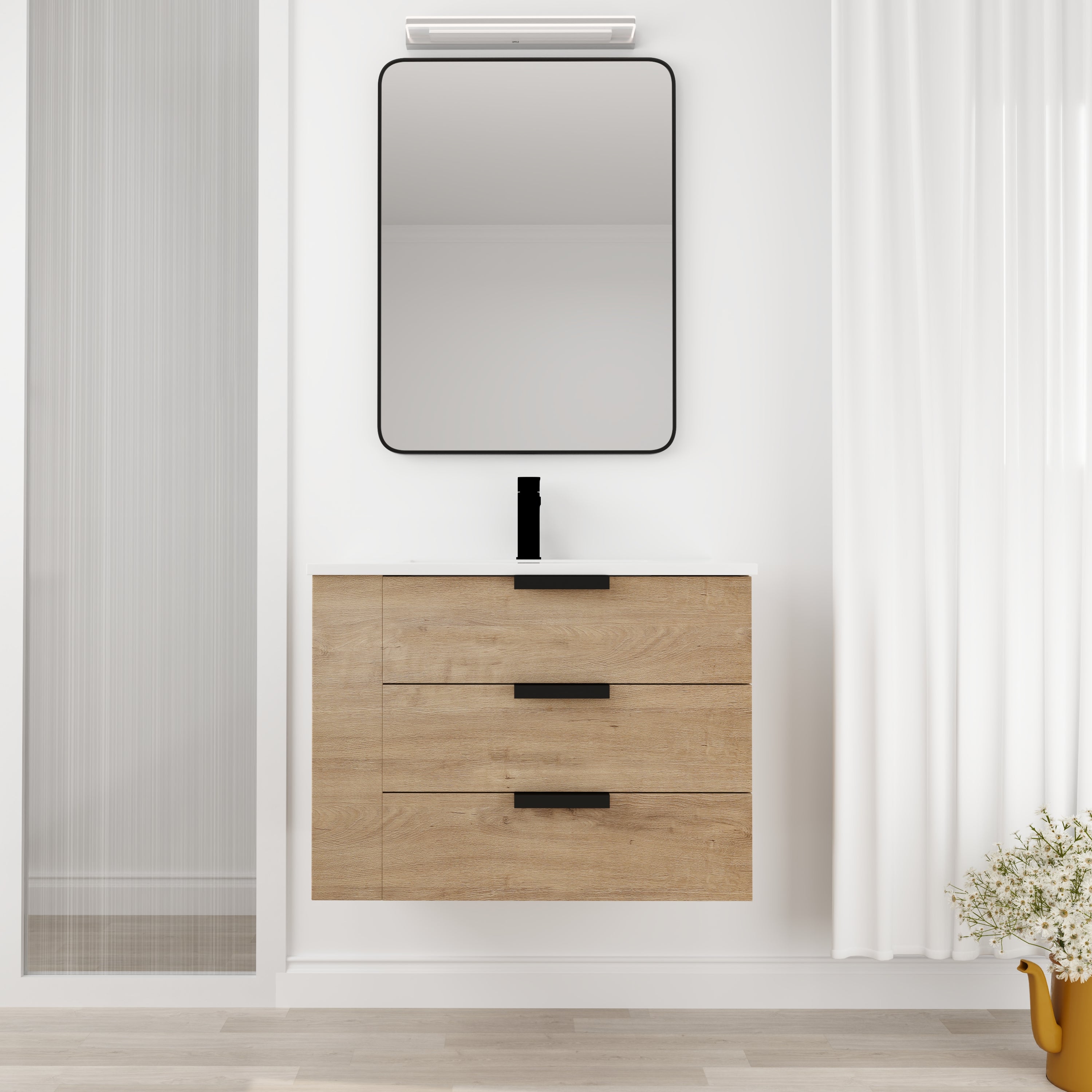 30 Inch Wall Mounting Bathroom Vanity with Cultured Marble Sink with Soft Close Drawer and Side Shelf